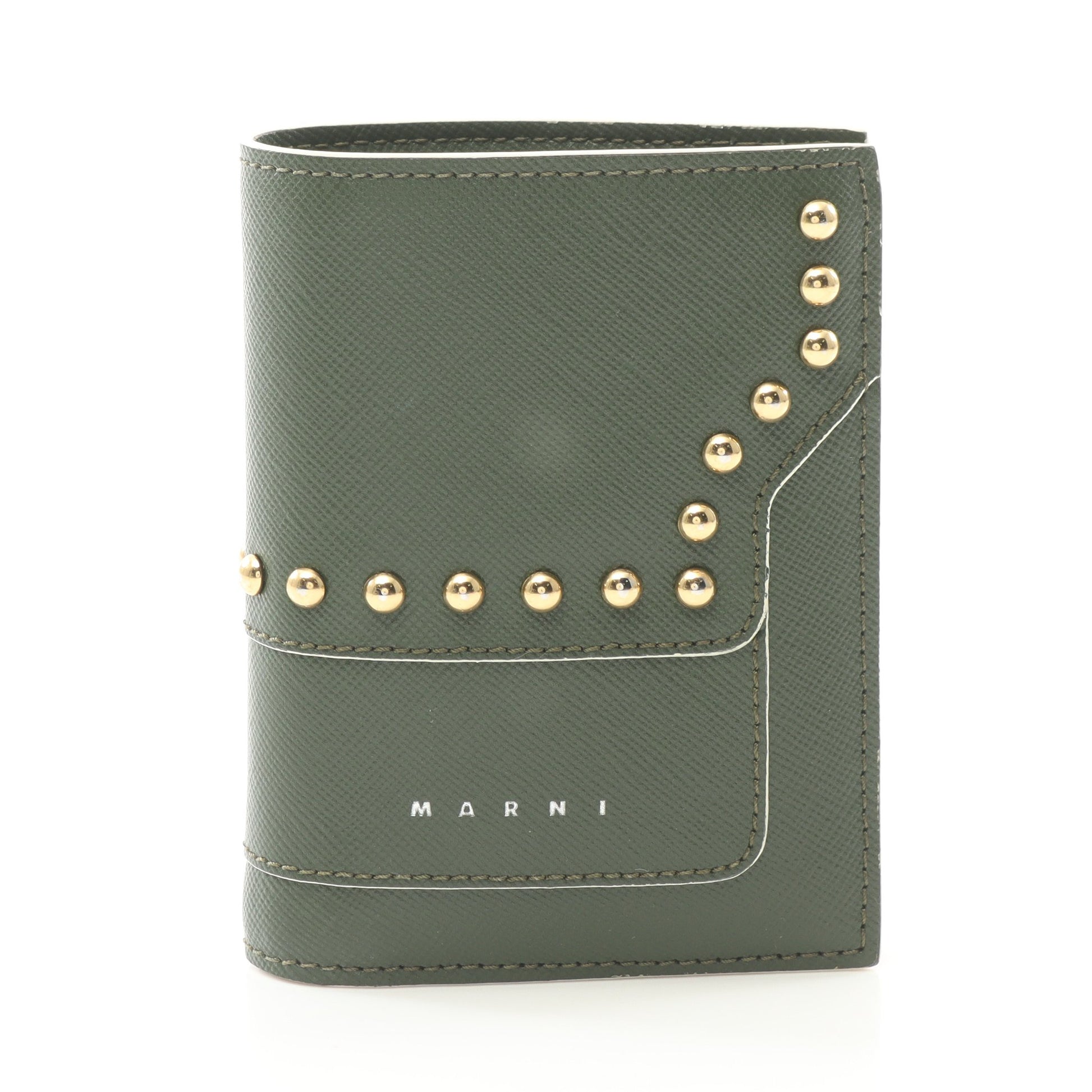 二つ折り財布 レザー グリーン スタッズ マルニ – RECLO 