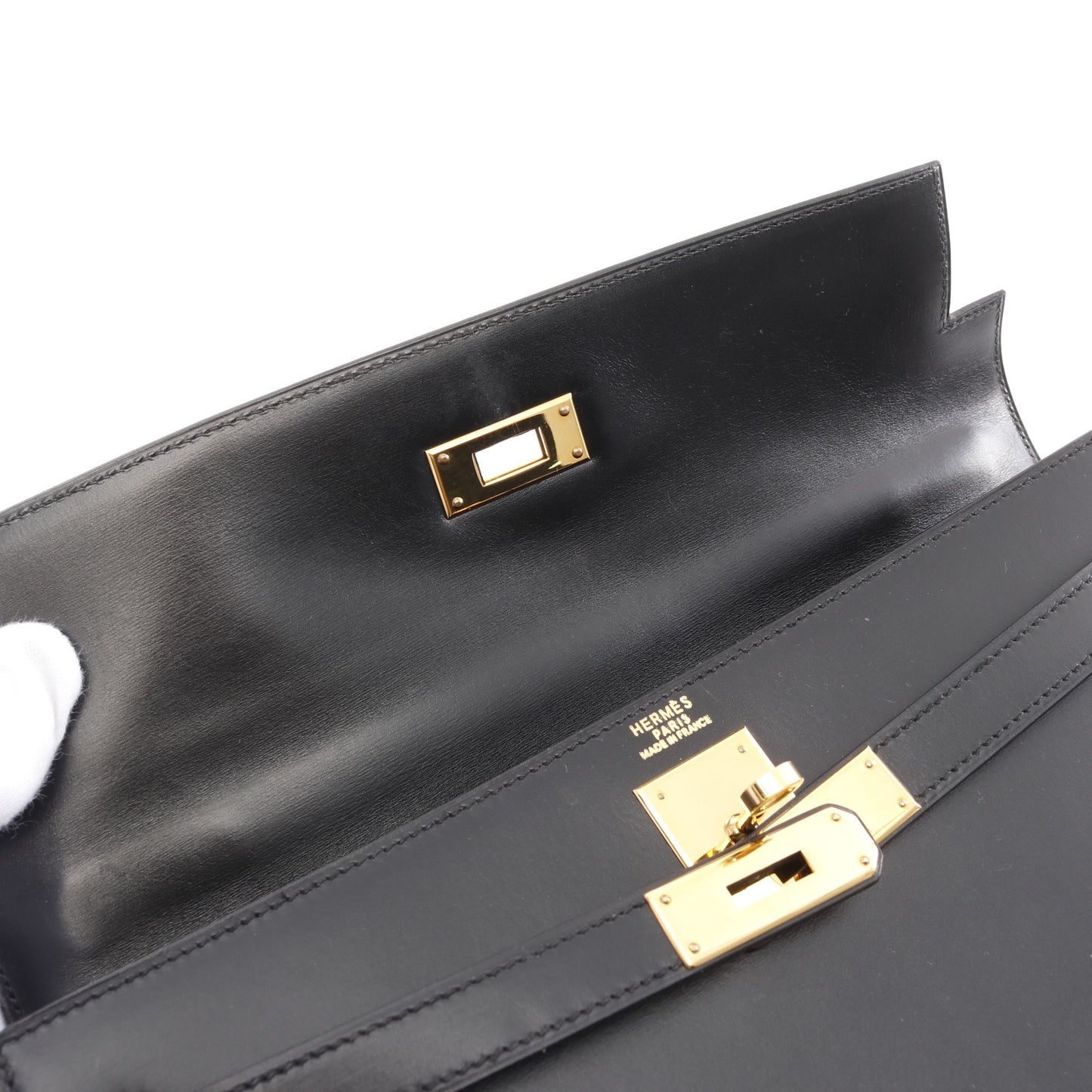 ケリー32 ハンドバッグ ボックスカーフ ブラック ゴールド金具 外縫い 2WAY ○A刻印 エルメス バッグ HERMES