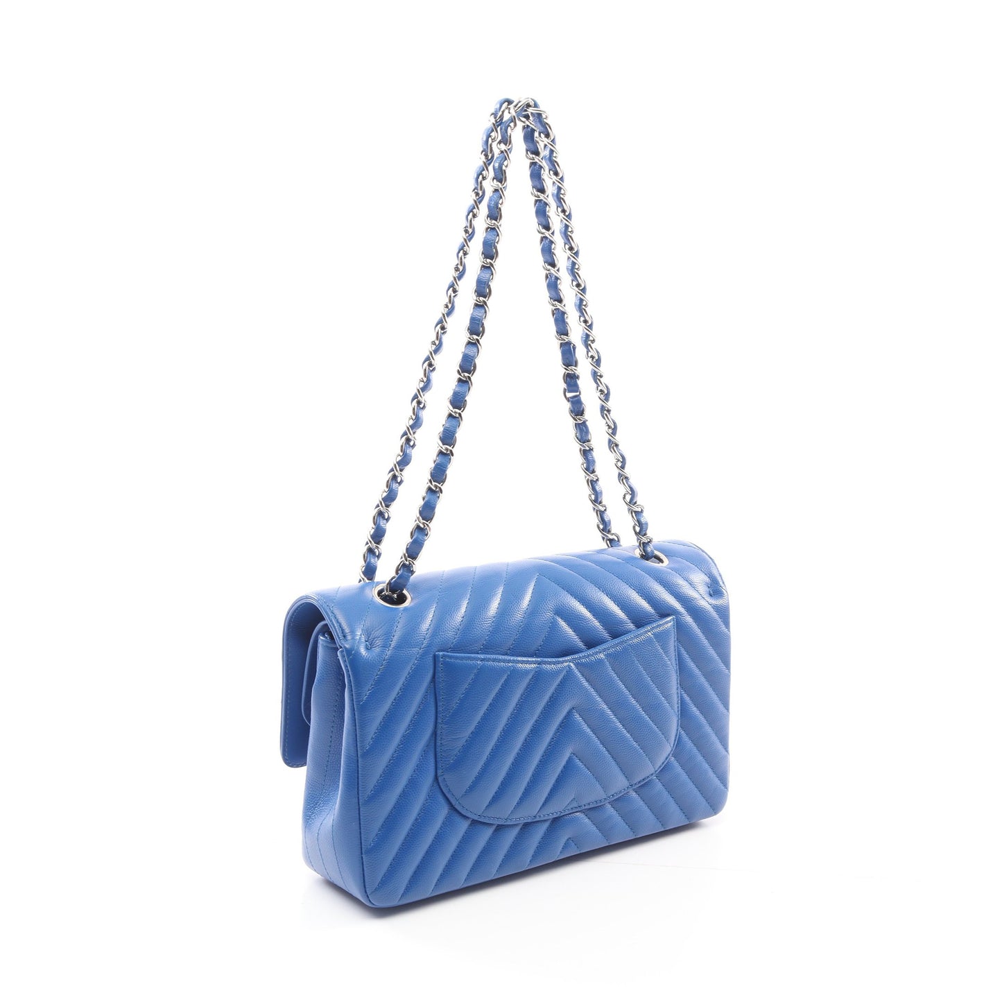 シェブロン Vステッチ Wフラップ Wチェーンショルダーバッグ キャビアスキン ブルー シルバー金具 シャネル バッグ CHANEL