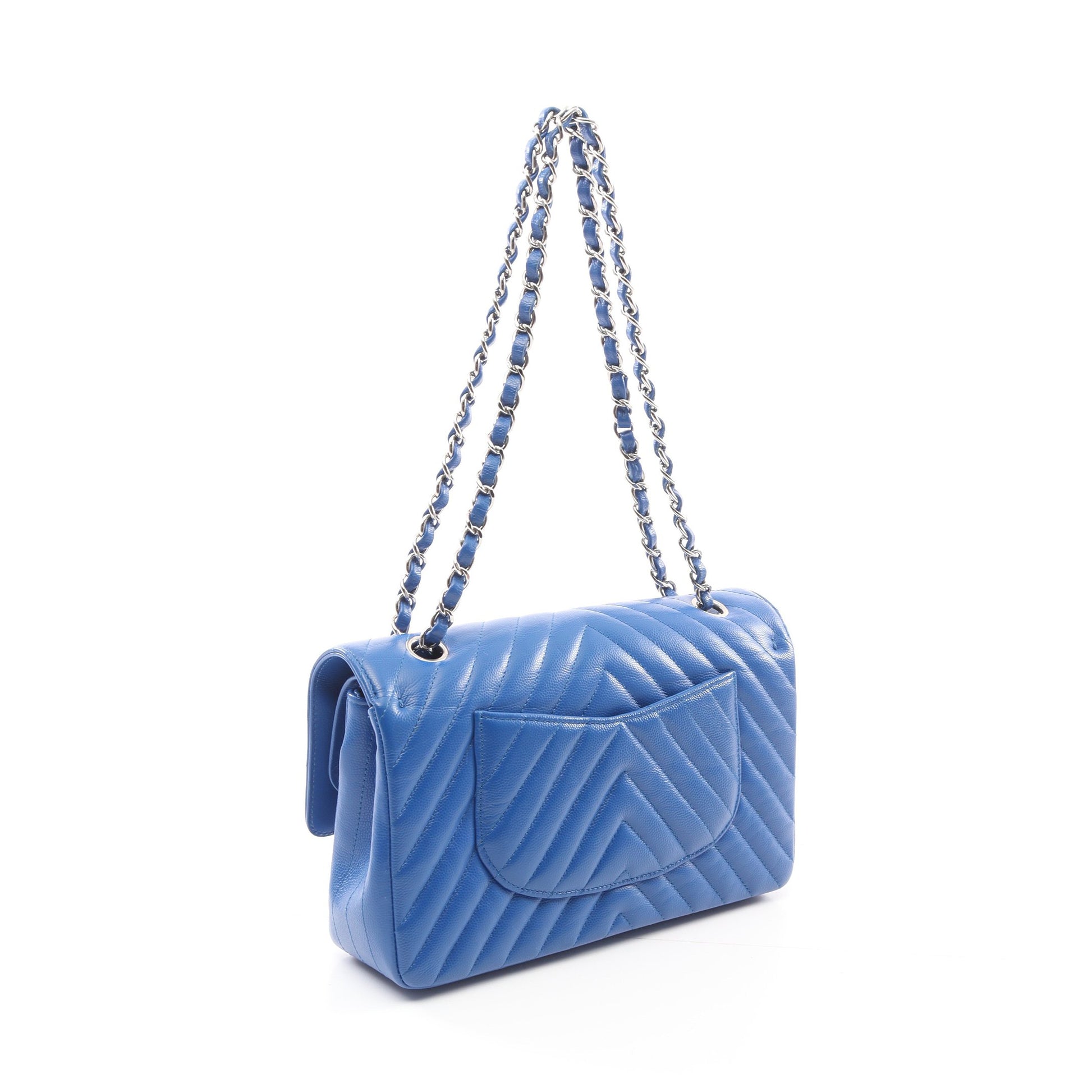 シェブロン Vステッチ Wフラップ Wチェーンショルダーバッグ キャビアスキン ブルー シルバー金具 シャネル バッグ CHANEL