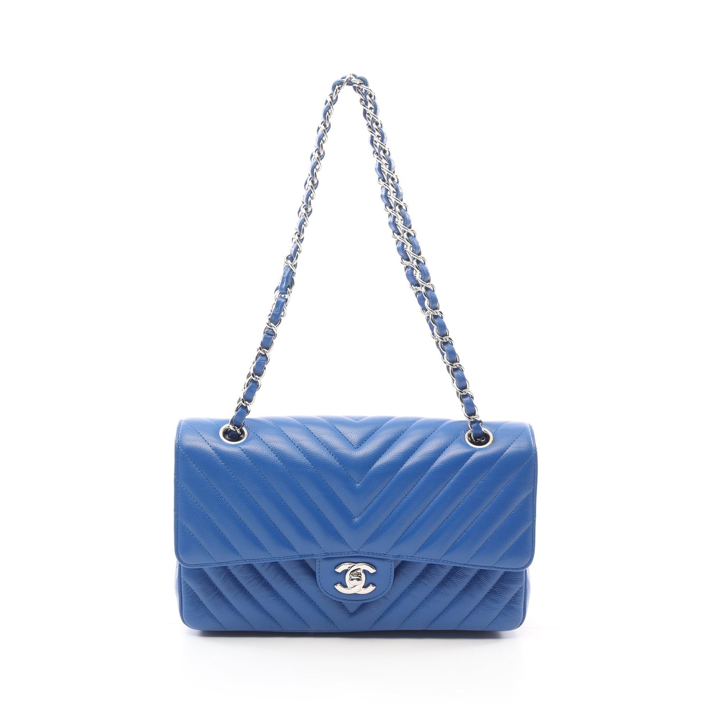 シェブロン Vステッチ Wフラップ Wチェーンショルダーバッグ キャビアスキン ブルー シルバー金具 シャネル バッグ CHANEL
