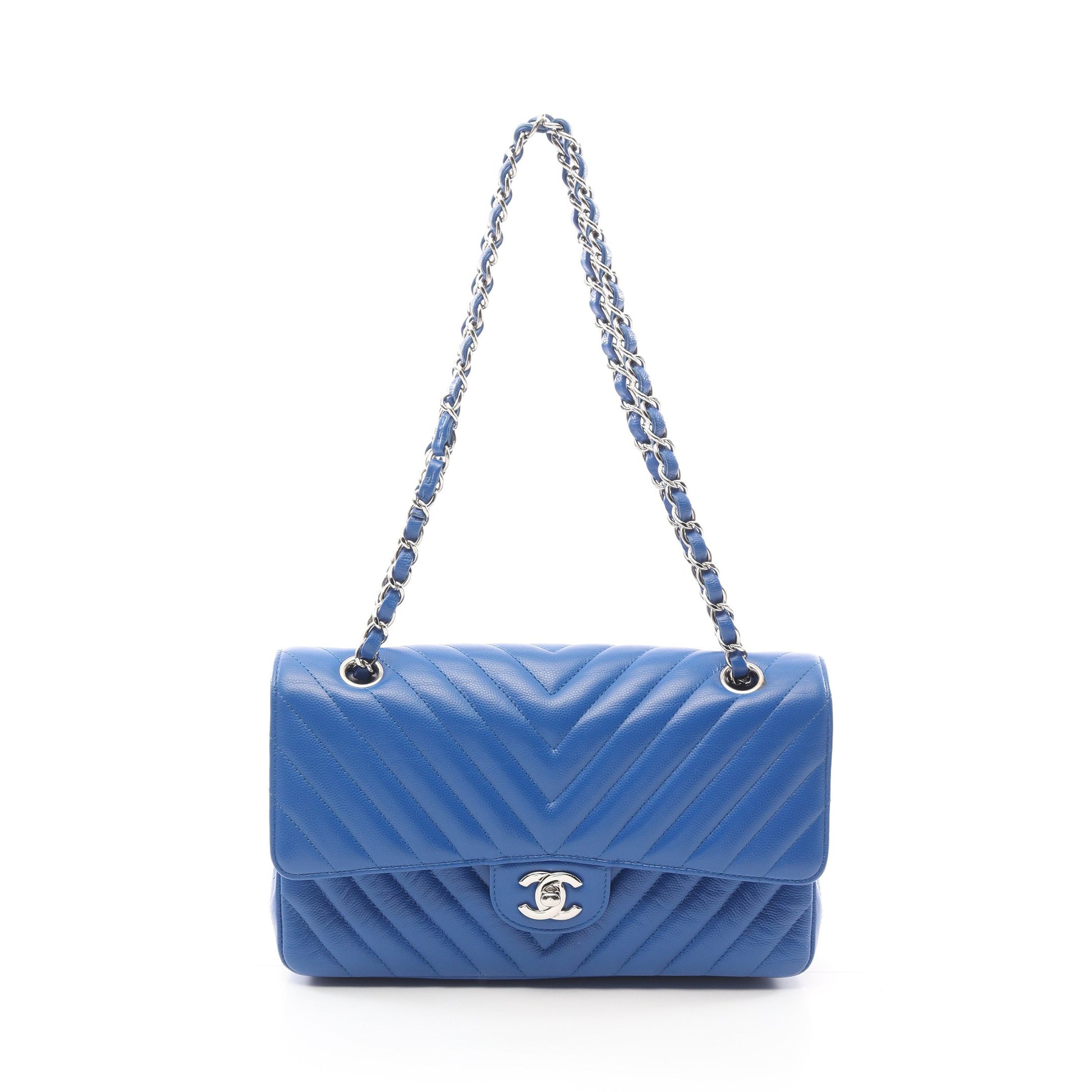 シェブロン Vステッチ Wフラップ Wチェーンショルダーバッグ キャビアスキン ブルー シルバー金具 シャネル バッグ CHANEL