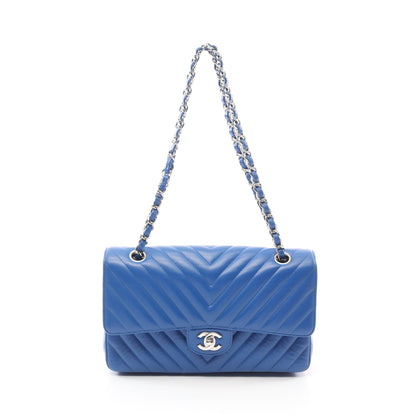 シェブロン Vステッチ Wフラップ Wチェーンショルダーバッグ キャビアスキン ブルー シルバー金具 シャネル バッグ CHANEL