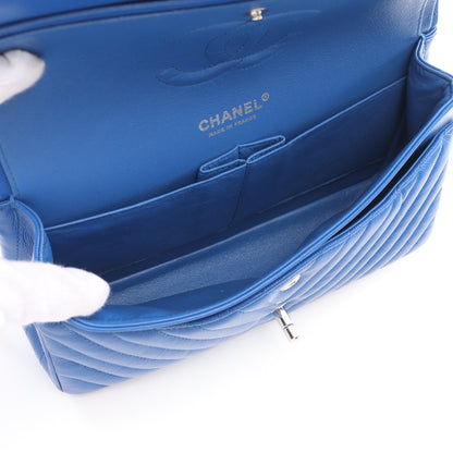 シェブロン Vステッチ Wフラップ Wチェーンショルダーバッグ キャビアスキン ブルー シルバー金具 シャネル バッグ CHANEL