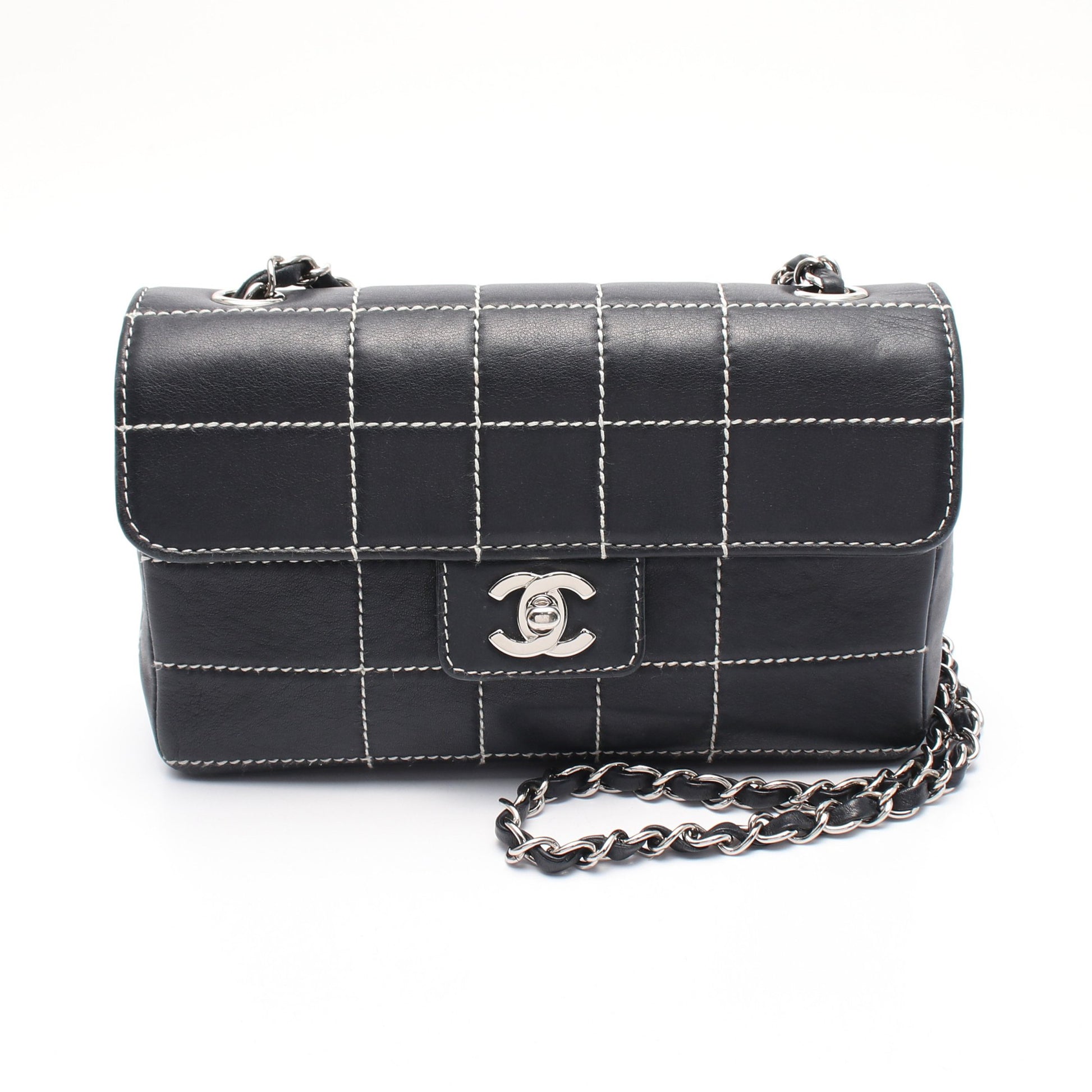 チョコバー ワイルドステッチ チェーンショルダーバッグ レザー ダークグレー シルバー金具 シャネル バッグ CHANEL
