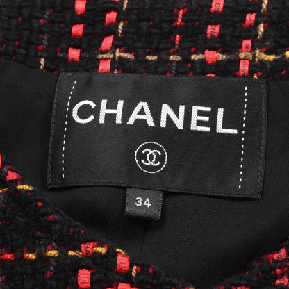 リボン ツイード ノーカラージャケット チェック コットン ウール カシミヤ ブラック レッド ビジューボタン シャネル アウター CHANEL