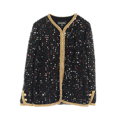 ツイード ノーカラージャケット スパンコール ナイロン ブラック マルチカラー ゴールドトリム 22S シャネル アウター CHANEL