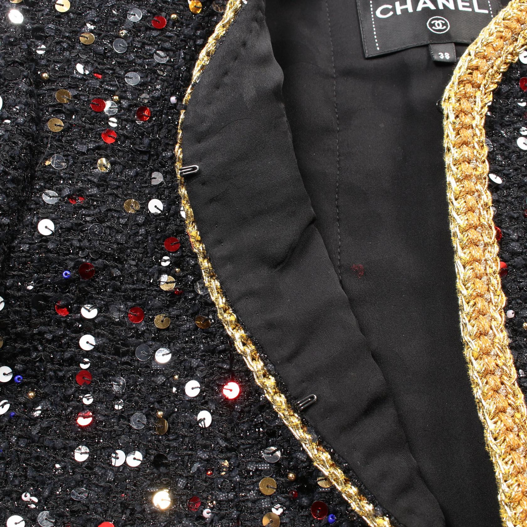 ツイード ノーカラージャケット スパンコール ナイロン ブラック マルチカラー ゴールドトリム 22S シャネル アウター CHANEL