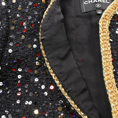 ツイード ノーカラージャケット スパンコール ナイロン ブラック マルチカラー ゴールドトリム 22S シャネル アウター CHANEL