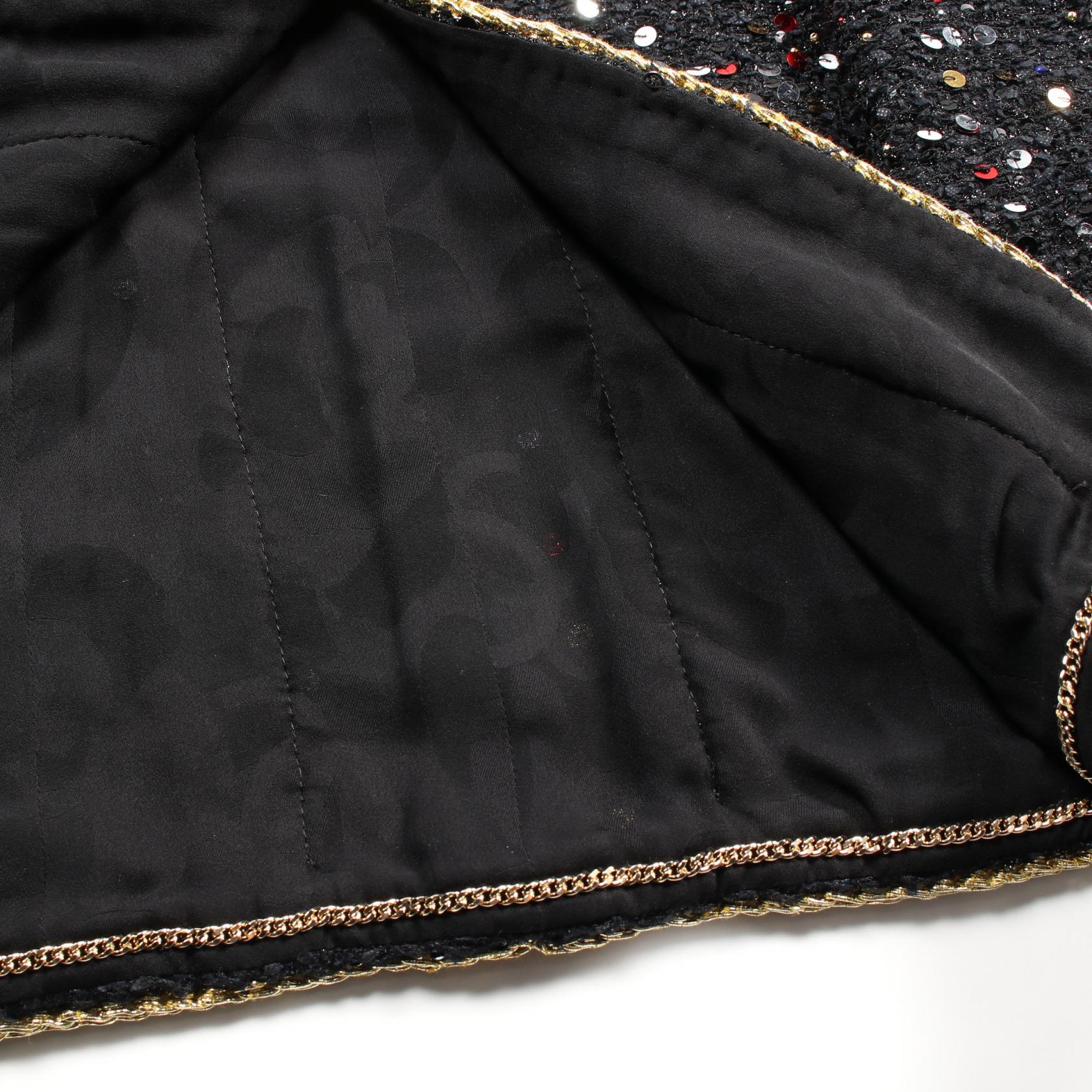 ツイード ノーカラージャケット スパンコール ナイロン ブラック マルチカラー ゴールドトリム 22S シャネル アウター CHANEL