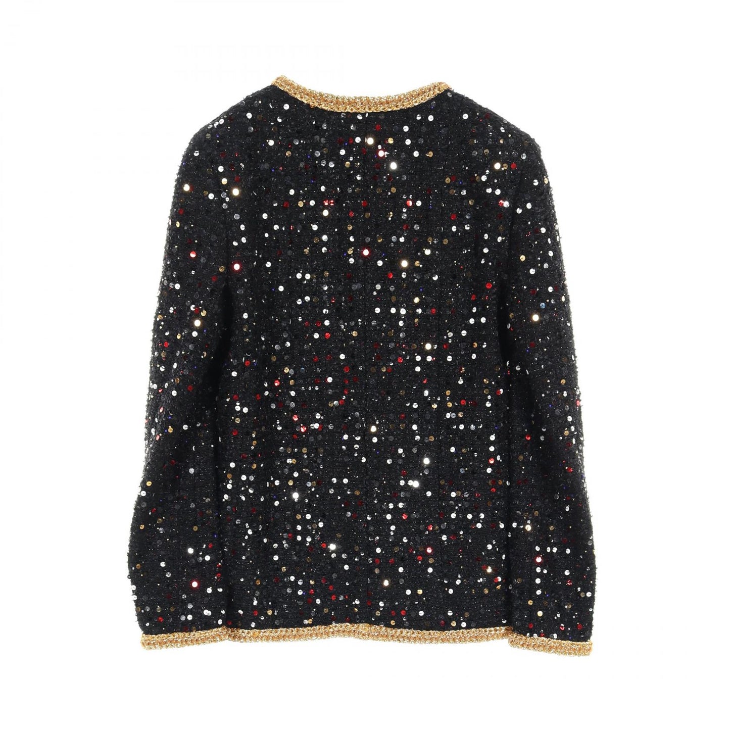 ツイード ノーカラージャケット スパンコール ナイロン ブラック マルチカラー ゴールドトリム 22S シャネル アウター CHANEL