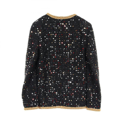 ツイード ノーカラージャケット スパンコール ナイロン ブラック マルチカラー ゴールドトリム 22S シャネル アウター CHANEL