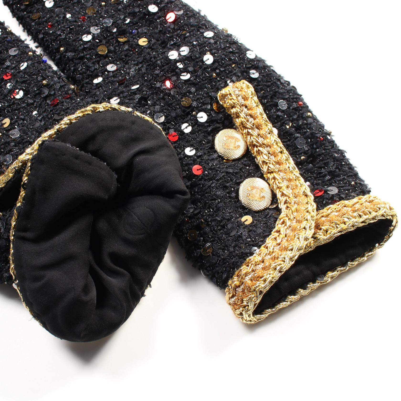 ツイード ノーカラージャケット スパンコール ナイロン ブラック マルチカラー ゴールドトリム 22S シャネル アウター CHANEL