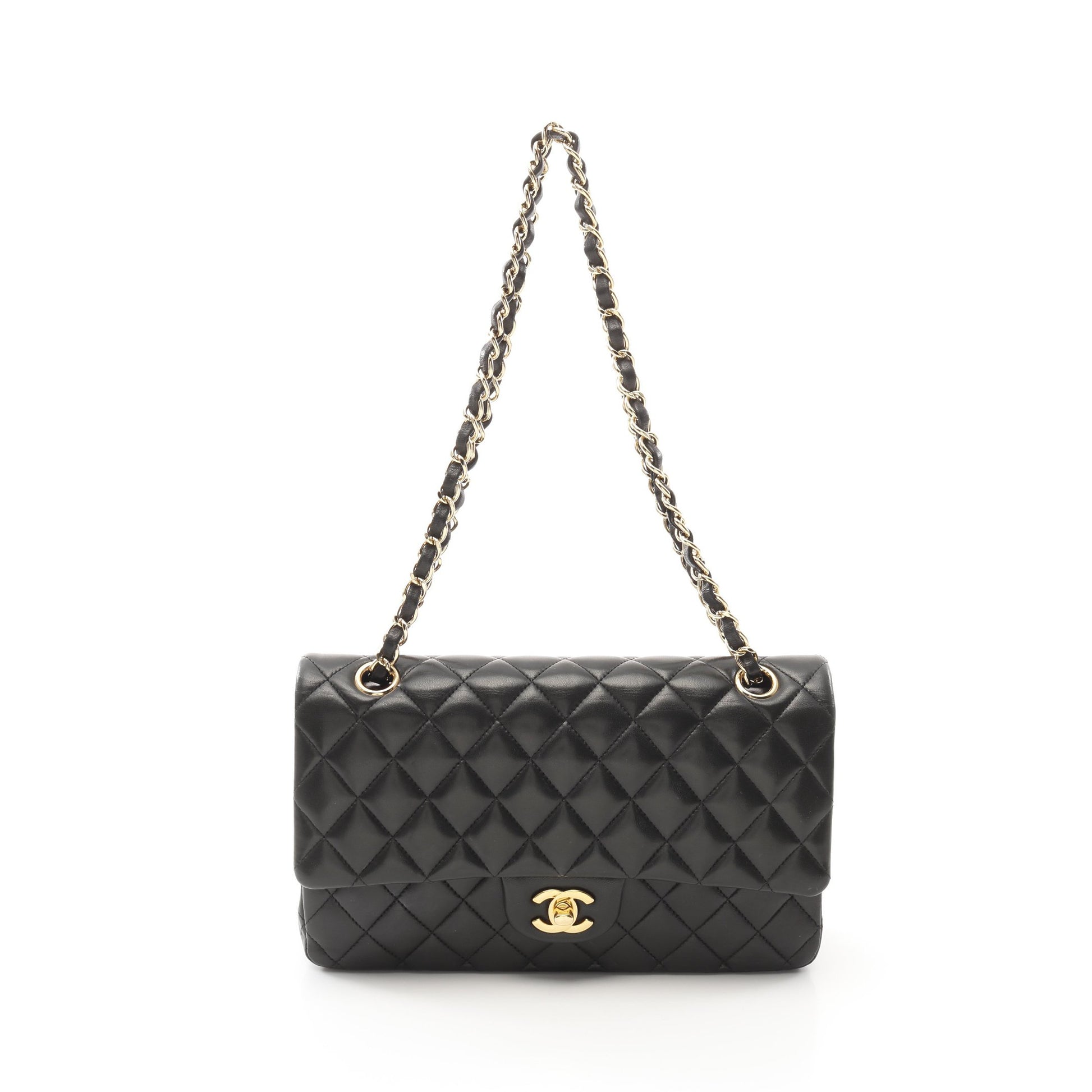マトラッセ Wフラップ Wチェーンショルダーバッグ ラムスキン ブラック ゴールド金具 シャネル バッグ CHANEL
