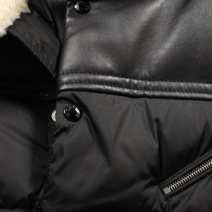 LEO ダウンジャケット ナイロン レザー ブラック ボア フード付き モンクレール アウター MONCLER