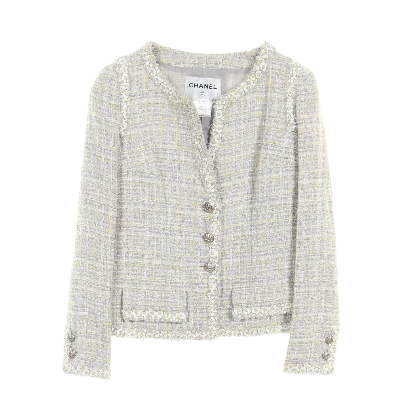 ツイード ノーカラージャケット コットン ウール ライトグレー ライトイエロー マルチカラー シャネル アウター CHANEL