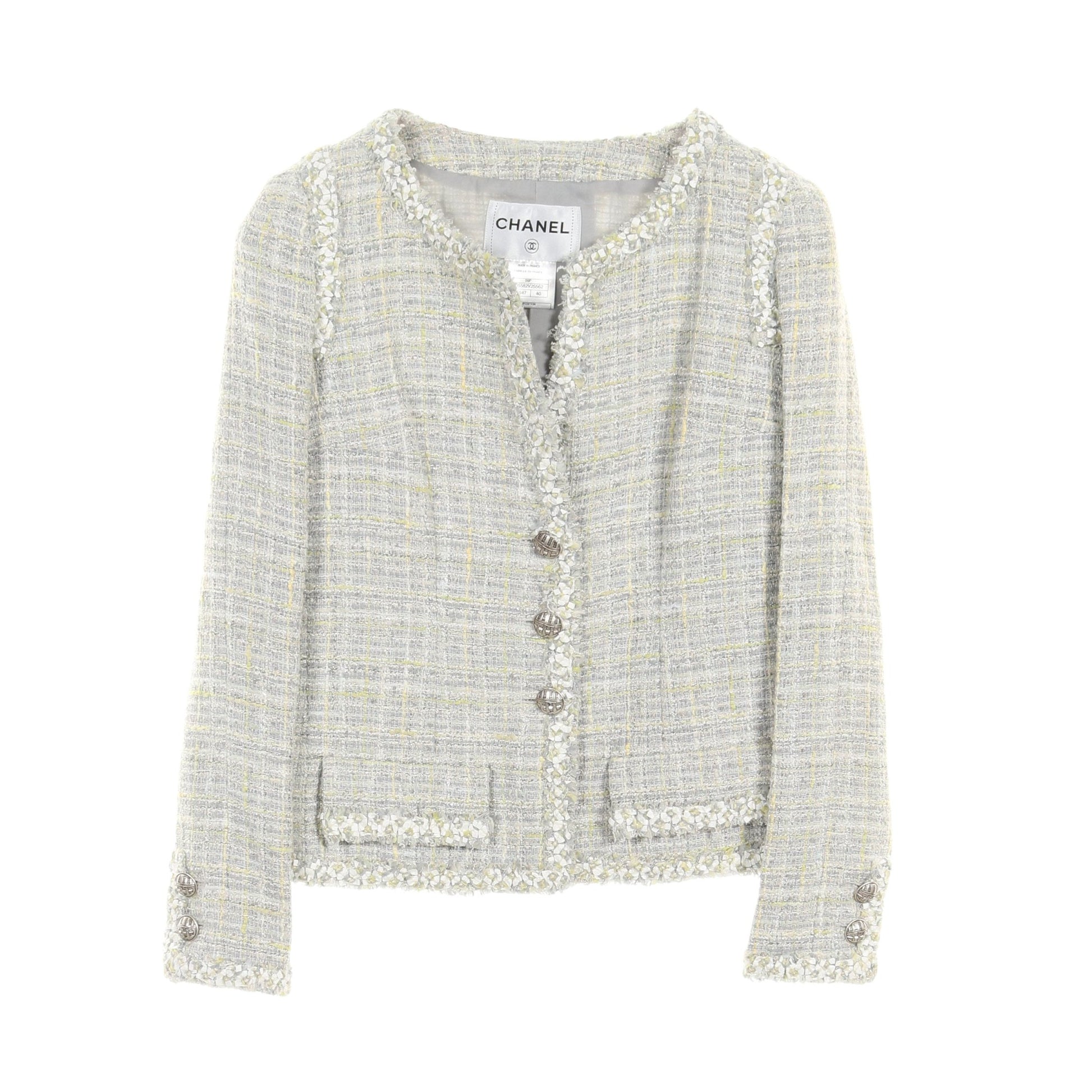 ツイード ノーカラージャケット コットン ウール ライトグレー ライトイエロー マルチカラー シャネル アウター CHANEL