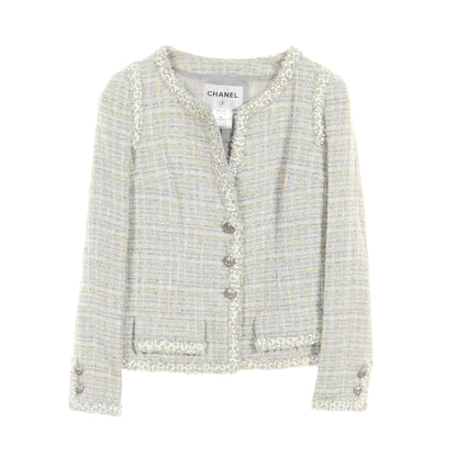 ツイード ノーカラージャケット コットン ウール ライトグレー ライトイエロー マルチカラー シャネル アウター CHANEL