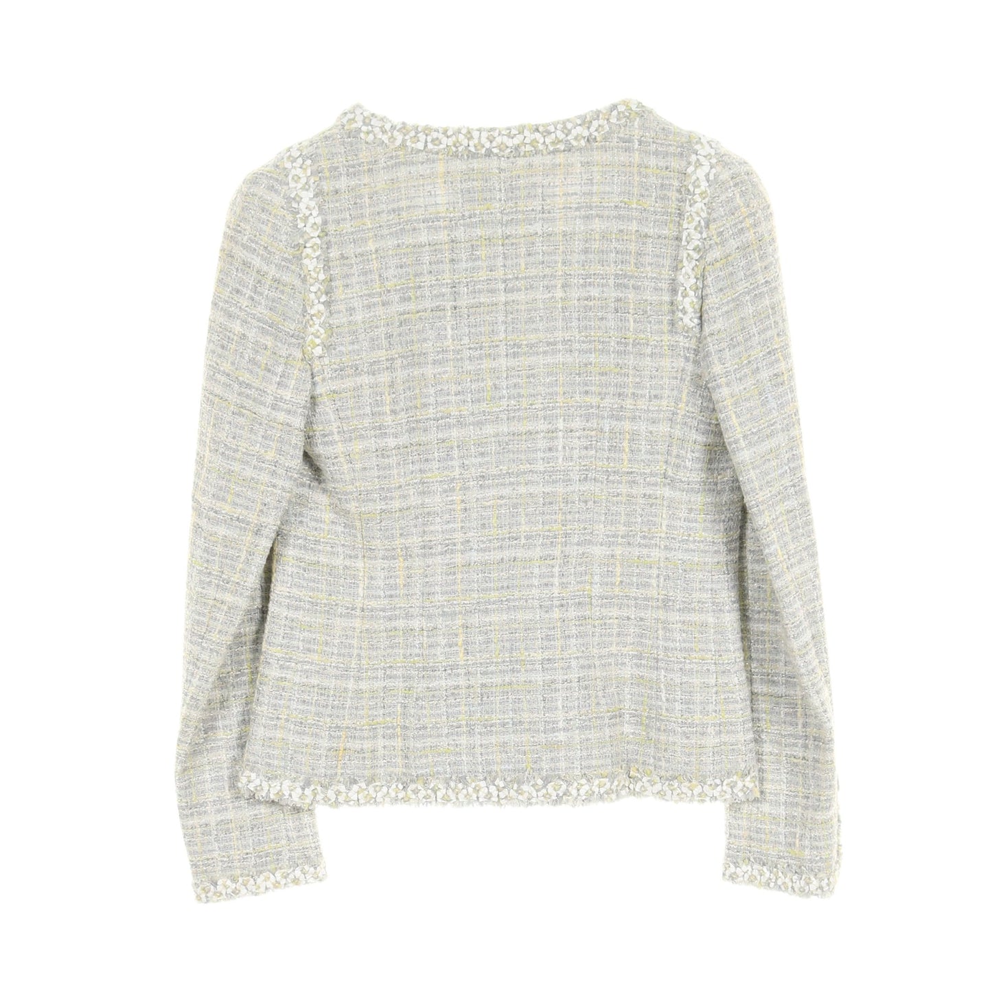 ツイード ノーカラージャケット コットン ウール ライトグレー ライトイエロー マルチカラー シャネル アウター CHANEL