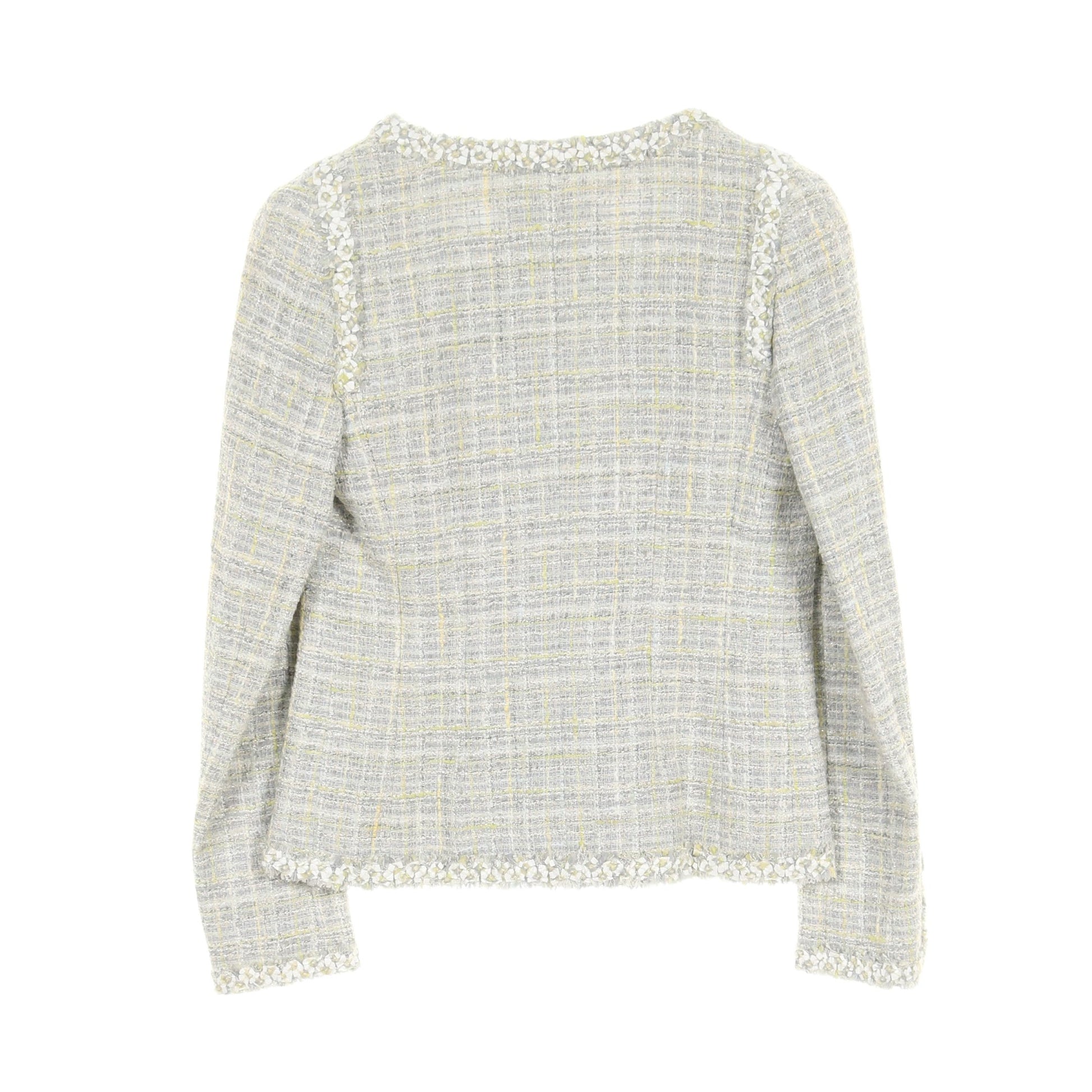 ツイード ノーカラージャケット コットン ウール ライトグレー ライトイエロー マルチカラー シャネル アウター CHANEL