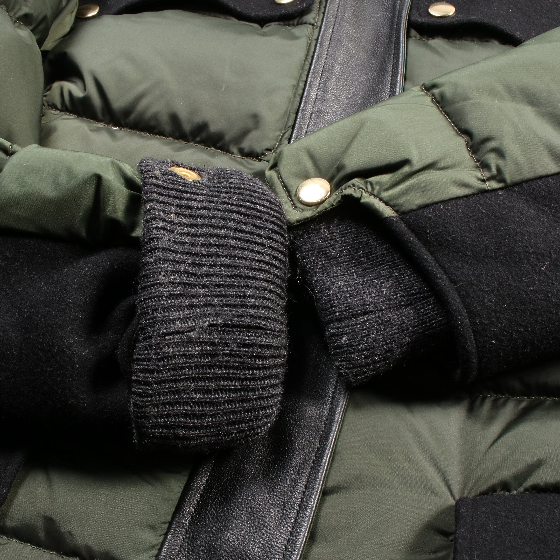 ダウンコート ナイロン ウール レザー カーキグリーン ブラック