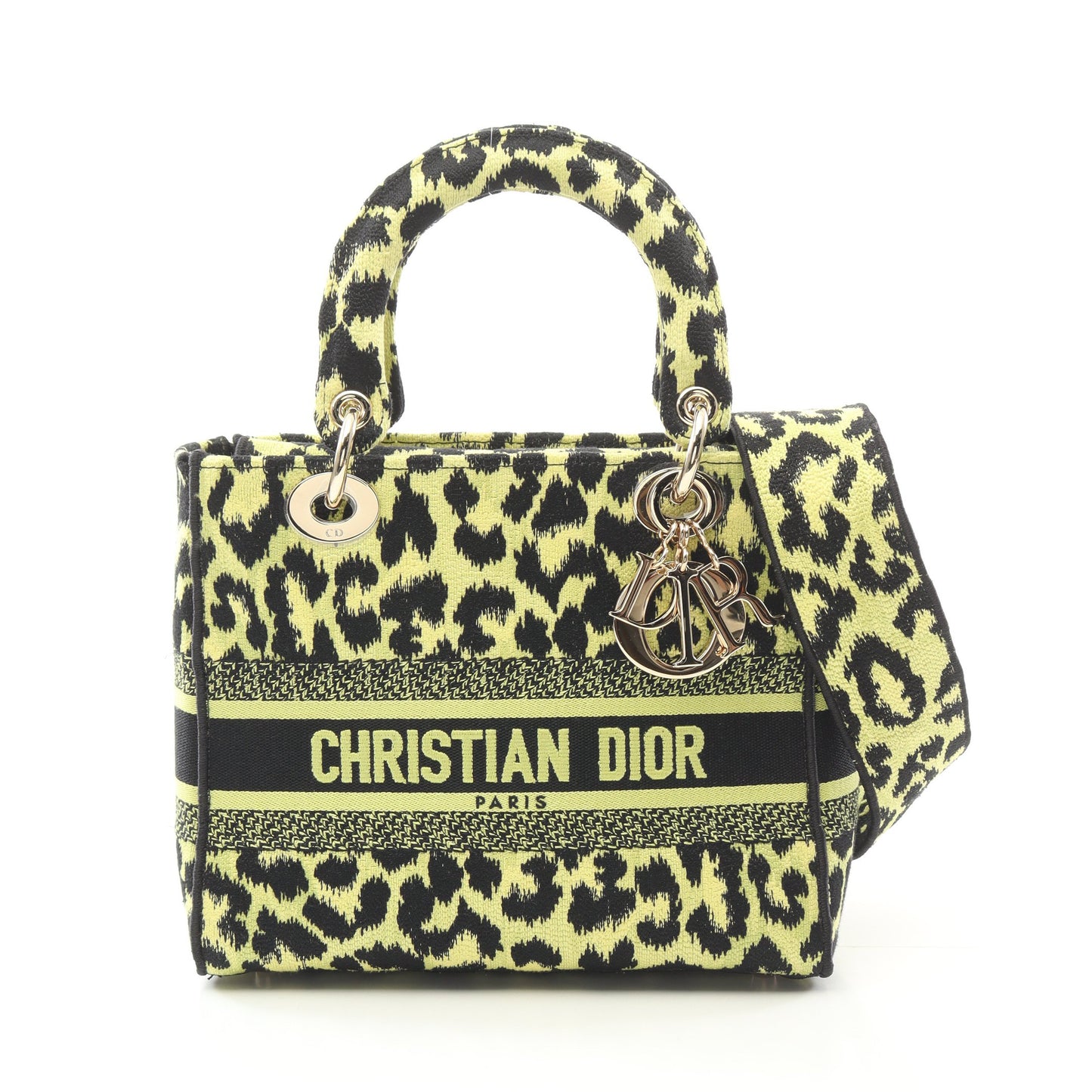 LADY D-LITE ミディアム ハンドバッグ レオパード キャンバス イエローグリーン ブラック 2WAY クリスチャンディオール バッグ Christian Dior
