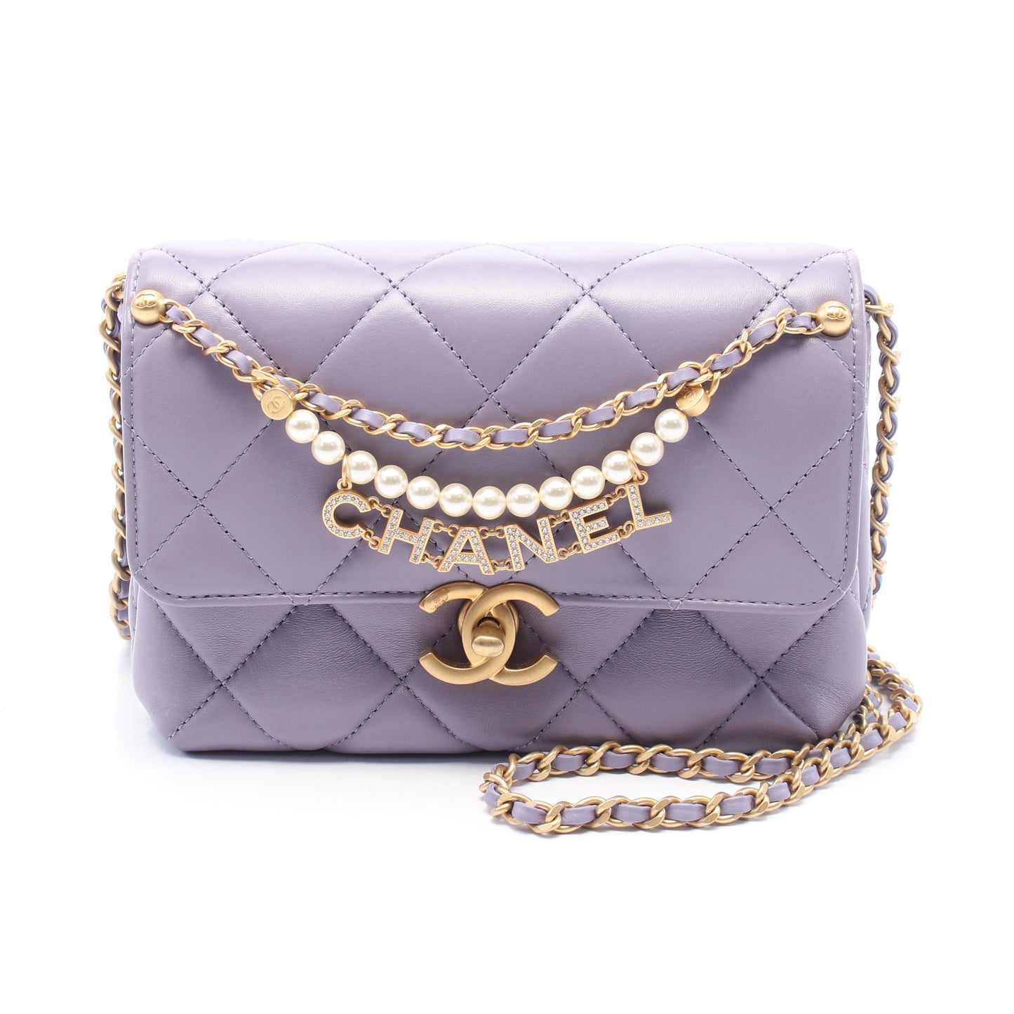 マトラッセ ミニフラップバッグ チェーンショルダーバッグ レザー ライトパープル ゴールド金具 シャネル バッグ CHANEL