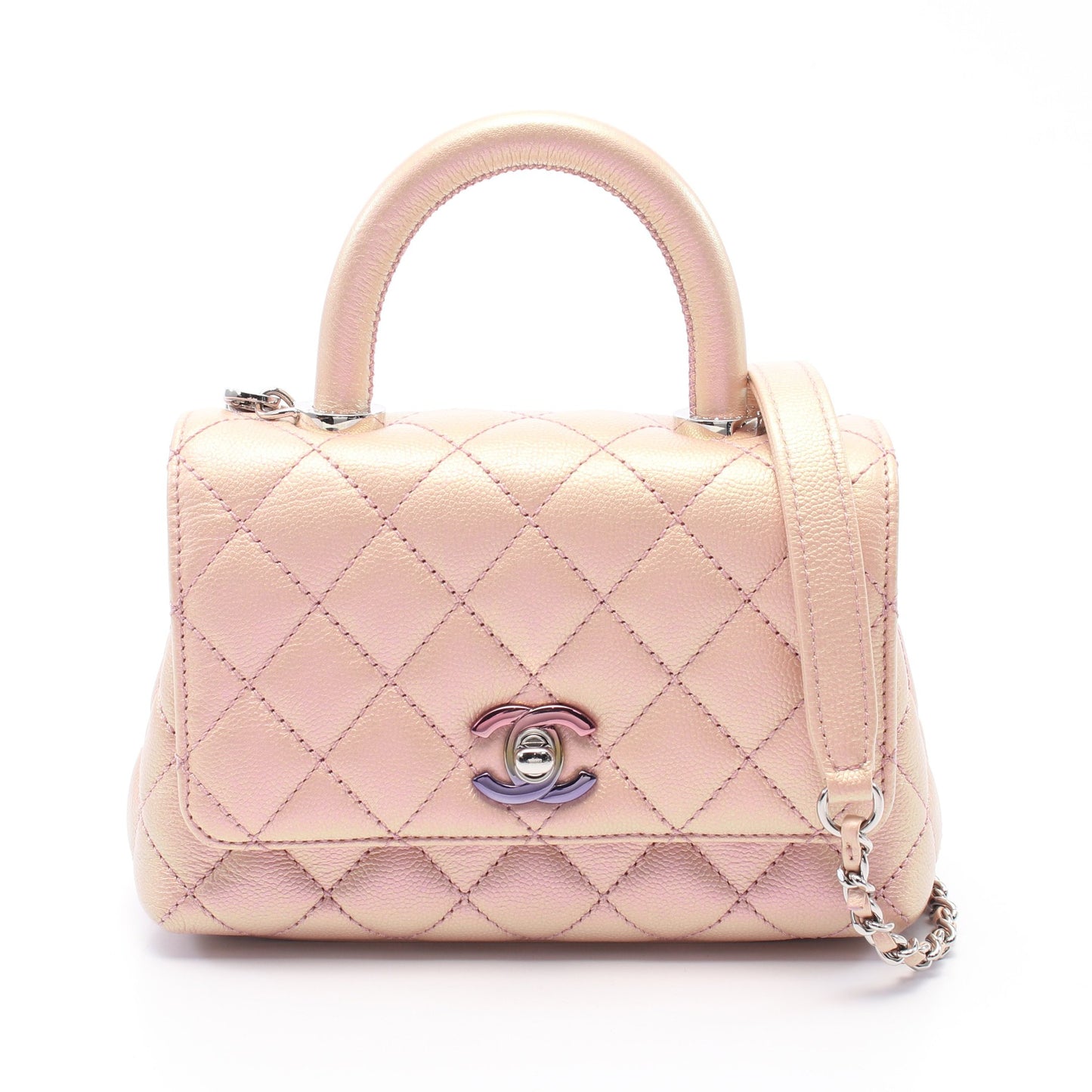 ココハンドルXXS トップハンドル ハンドバッグ レザー ピンク シルバー金具 メタリック シャネル バッグ CHANEL