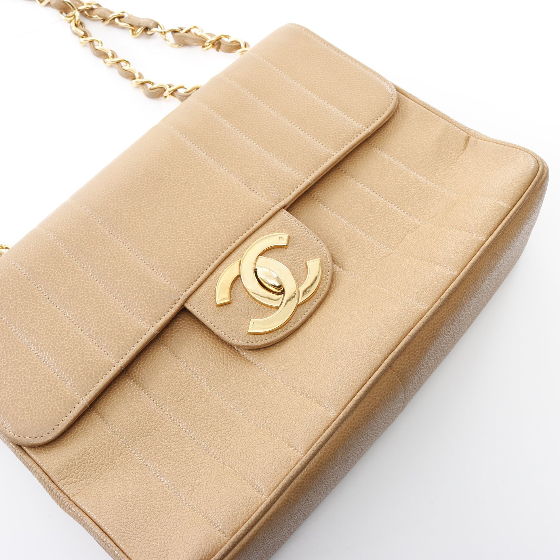 マドモアゼル Wチェーンショルダーバッグ キャビアスキン ベージュ ゴールド金具 シャネル バッグ CHANEL