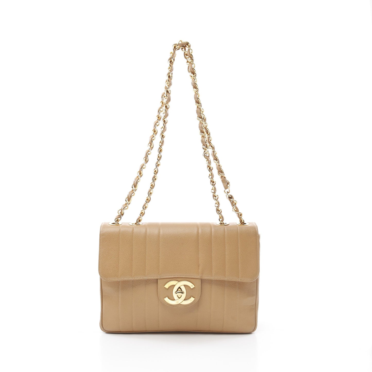 マドモアゼル Wチェーンショルダーバッグ キャビアスキン ベージュ ゴールド金具 シャネル バッグ CHANEL