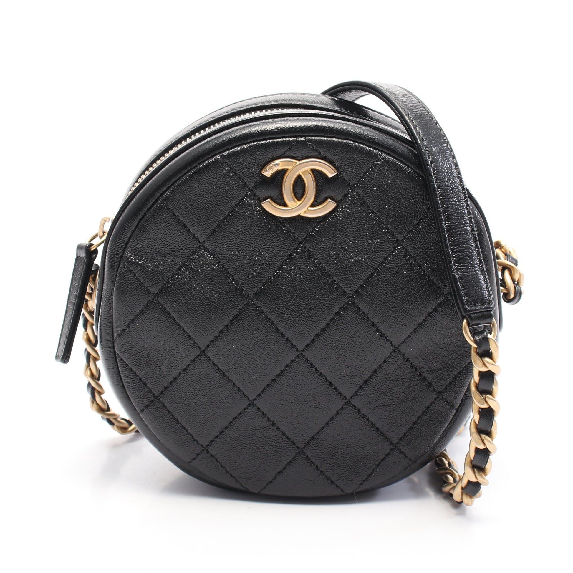 マトラッセ ラウンド ミニ チェーンショルダーバッグ レザー ブラック ゴールド金具 シャネル バッグ CHANEL