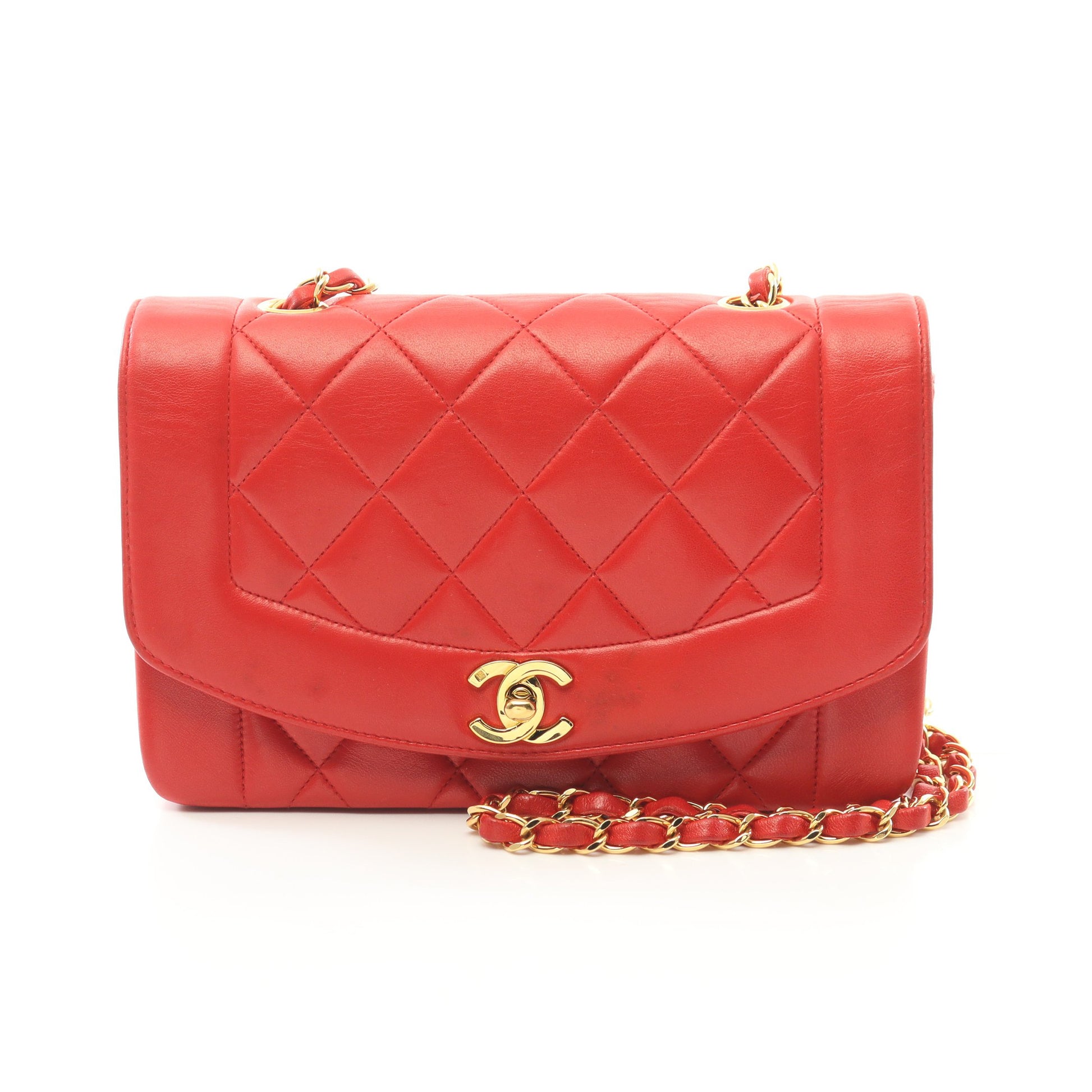 マトラッセ ダイアナフラップ チェーンショルダーバッグ ラムスキン レッド ゴールド金具 シャネル バッグ CHANEL