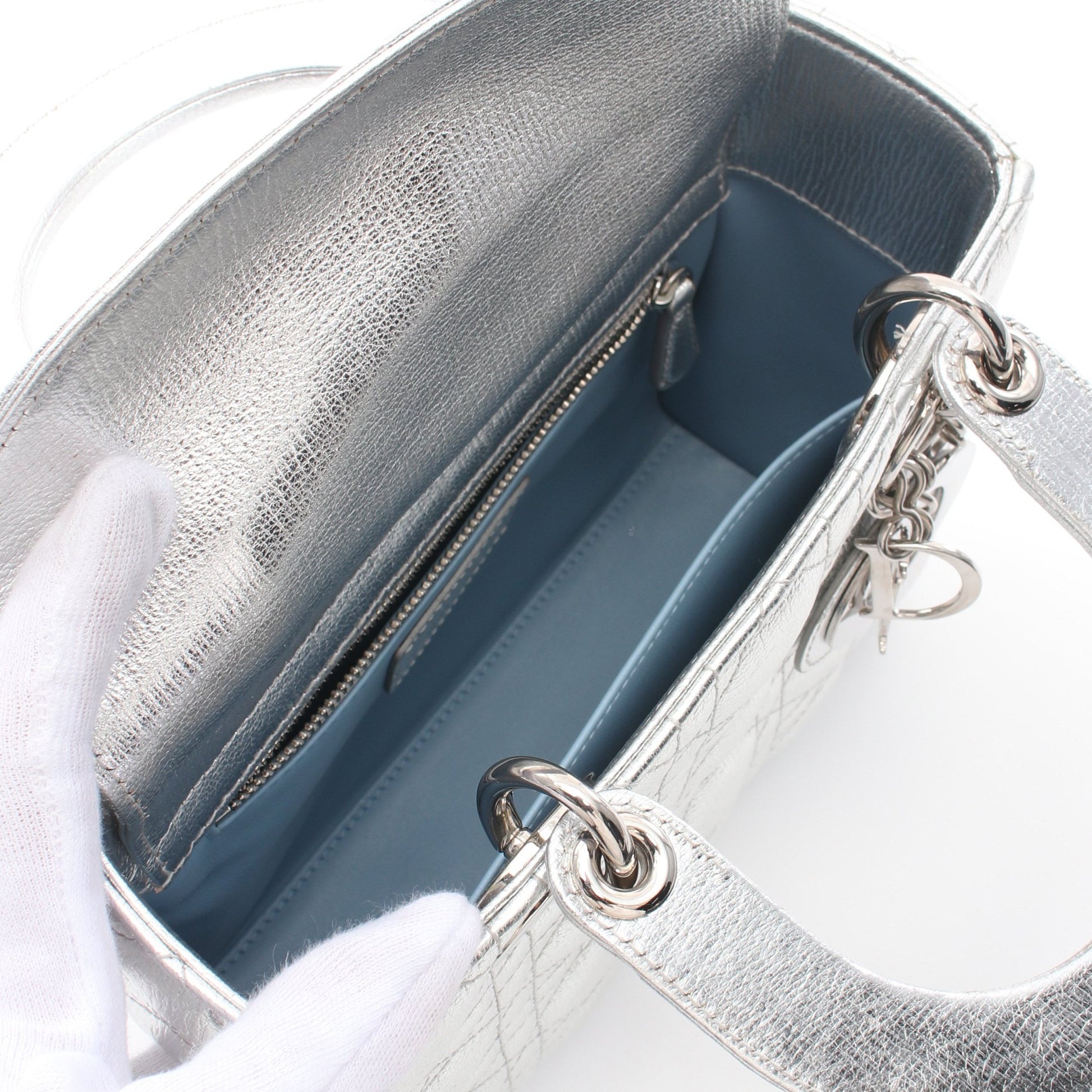 レディディオール スモール ハンドバッグ レザー シルバー 2WAY クリスチャンディオール バッグ Christian Dior