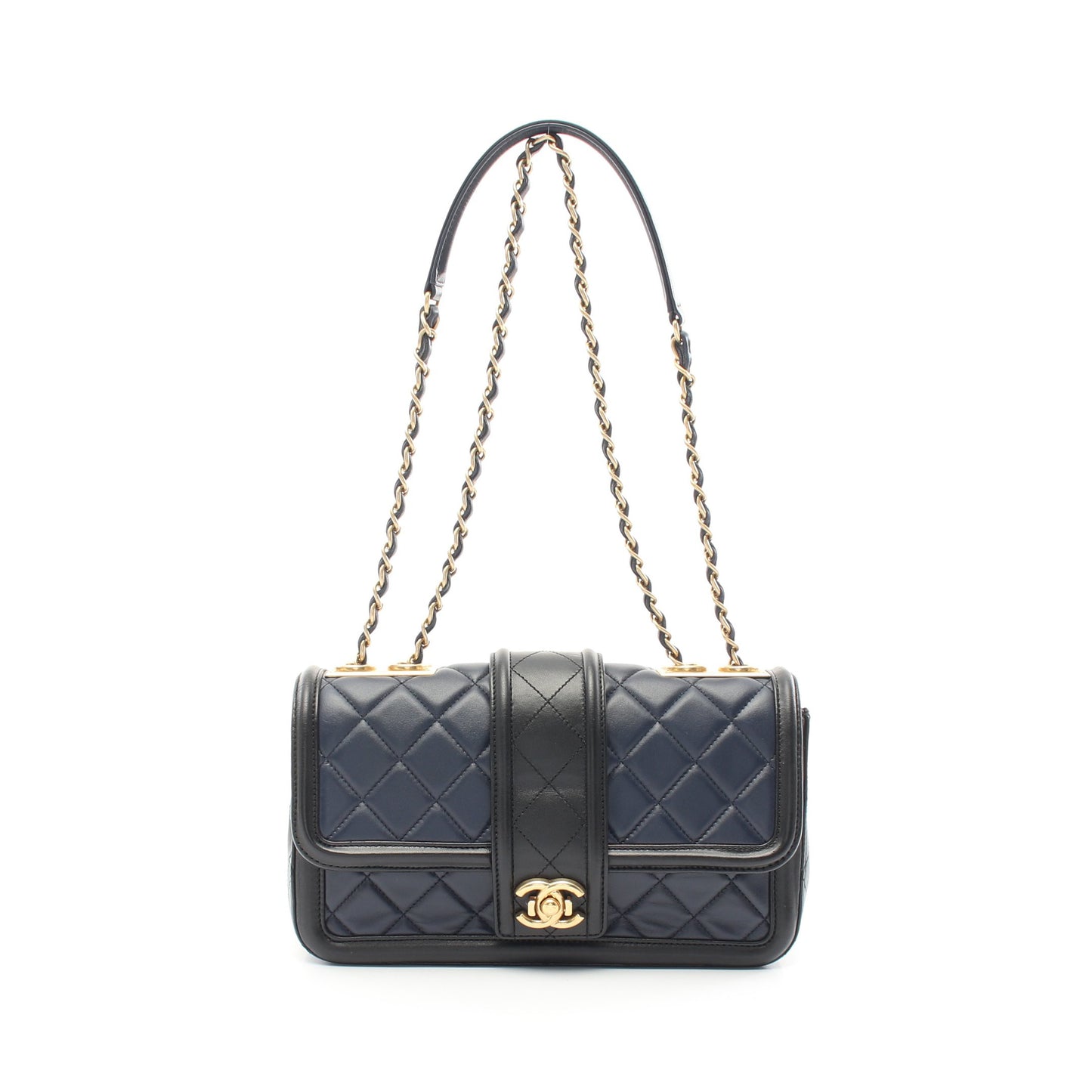 マトラッセ チェーンショルダーバッグ ラムスキン ネイビー ブラック ゴールド金具 シャネル バッグ CHANEL