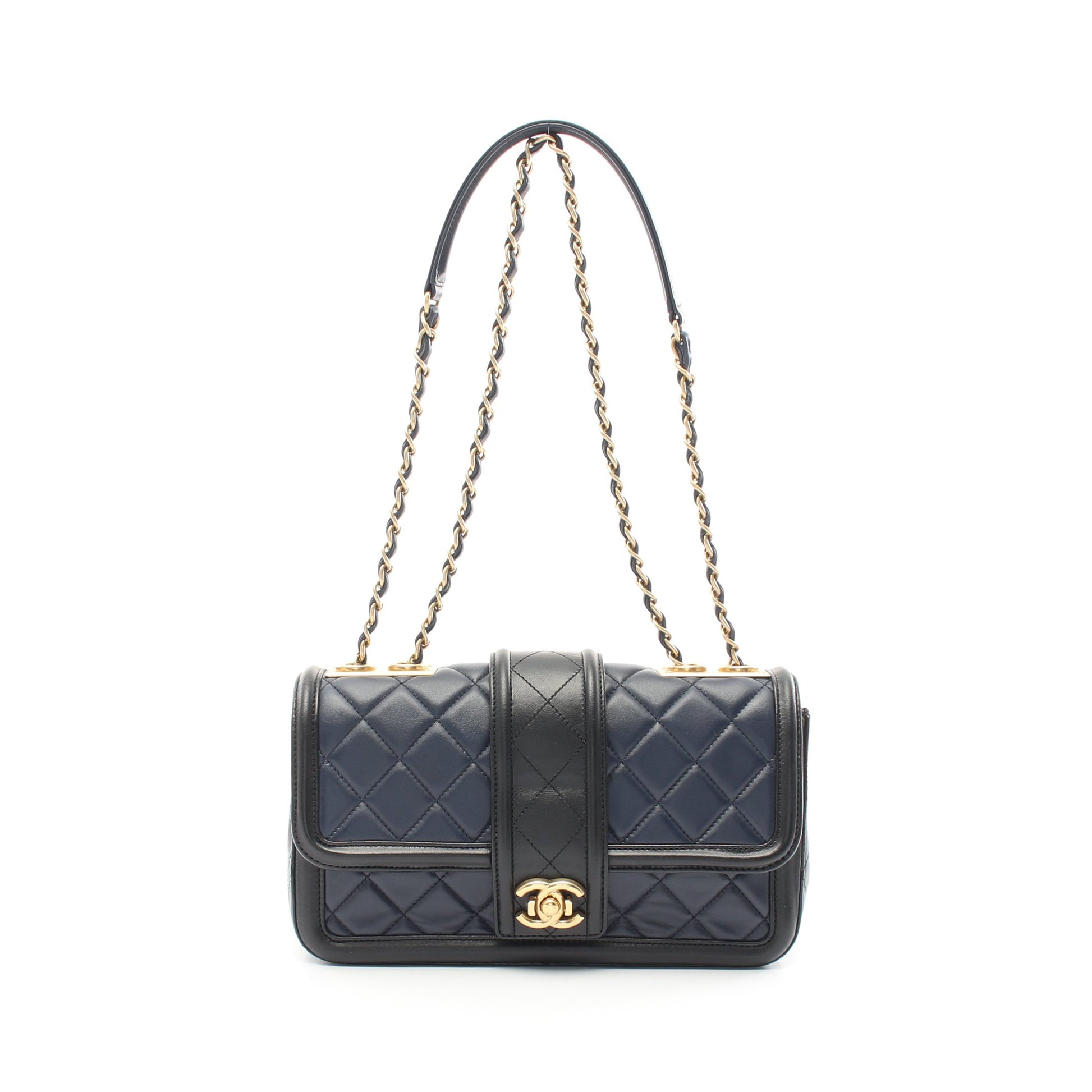 マトラッセ チェーンショルダーバッグ ラムスキン ネイビー ブラック ゴールド金具 シャネル バッグ CHANEL