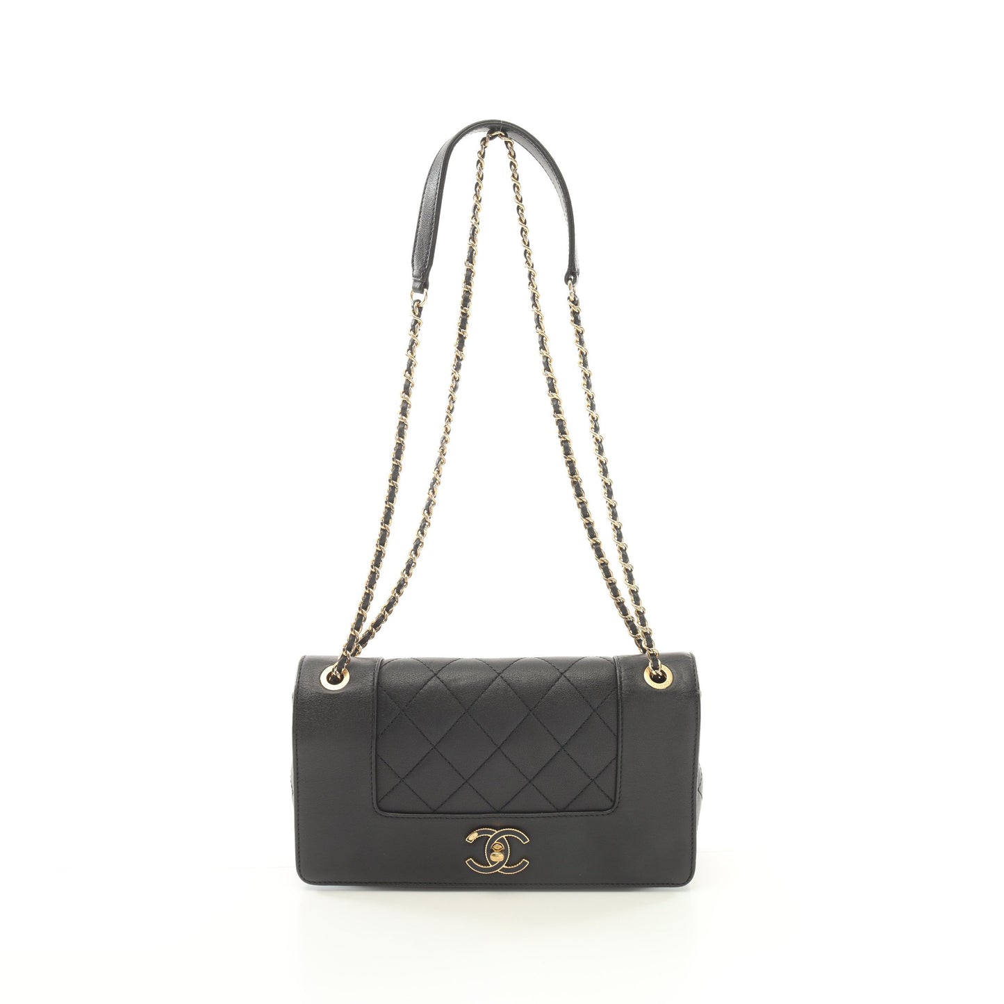 マドモアゼル マトラッセ Wチェーンショルダーバッグ レザー ブラック ゴールド金具 シャネル バッグ CHANEL