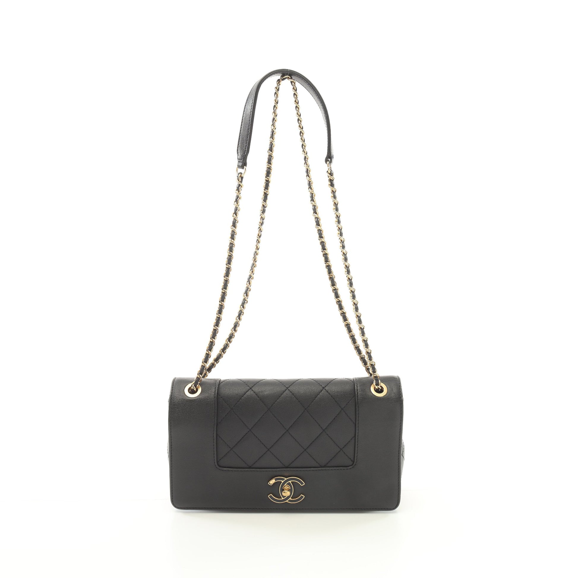 マドモアゼル マトラッセ Wチェーンショルダーバッグ レザー ブラック ゴールド金具 シャネル バッグ CHANEL