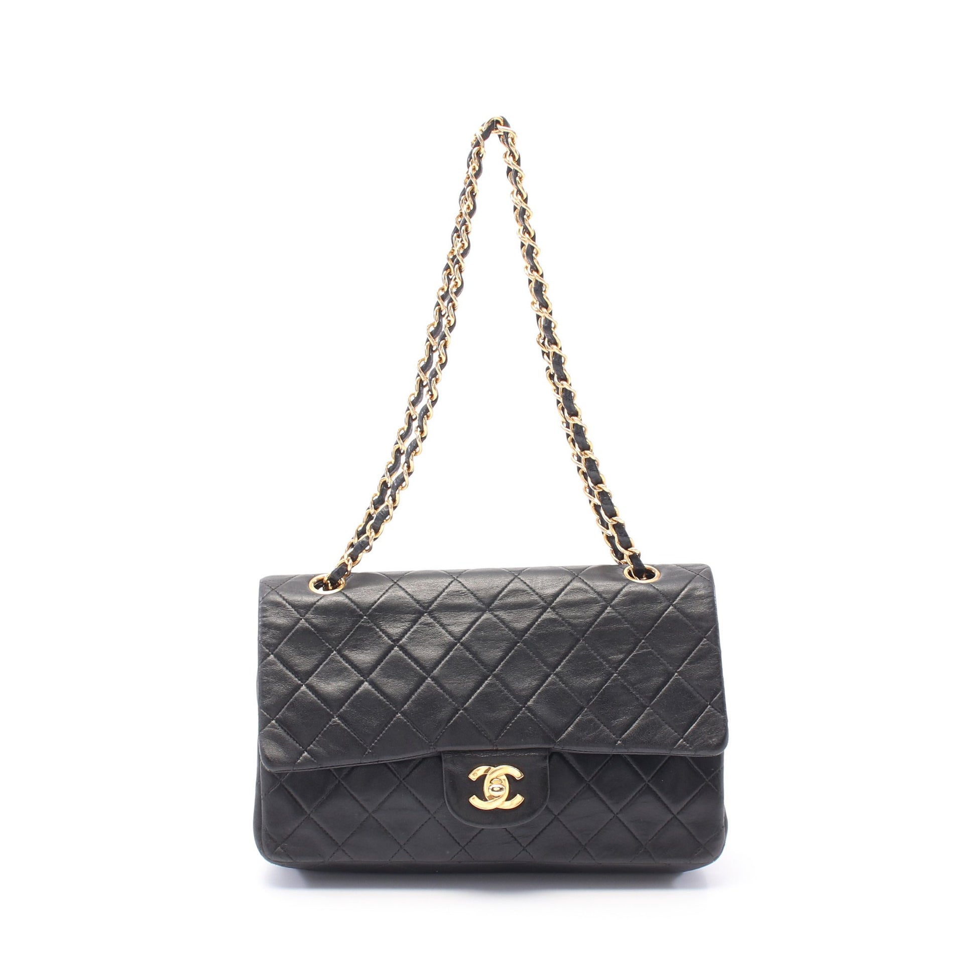 マトラッセ Wフラップ Wチェーンショルダーバッグ ラムスキン ブラック ゴールド金具 ヴィンテージ シャネル バッグ CHANEL