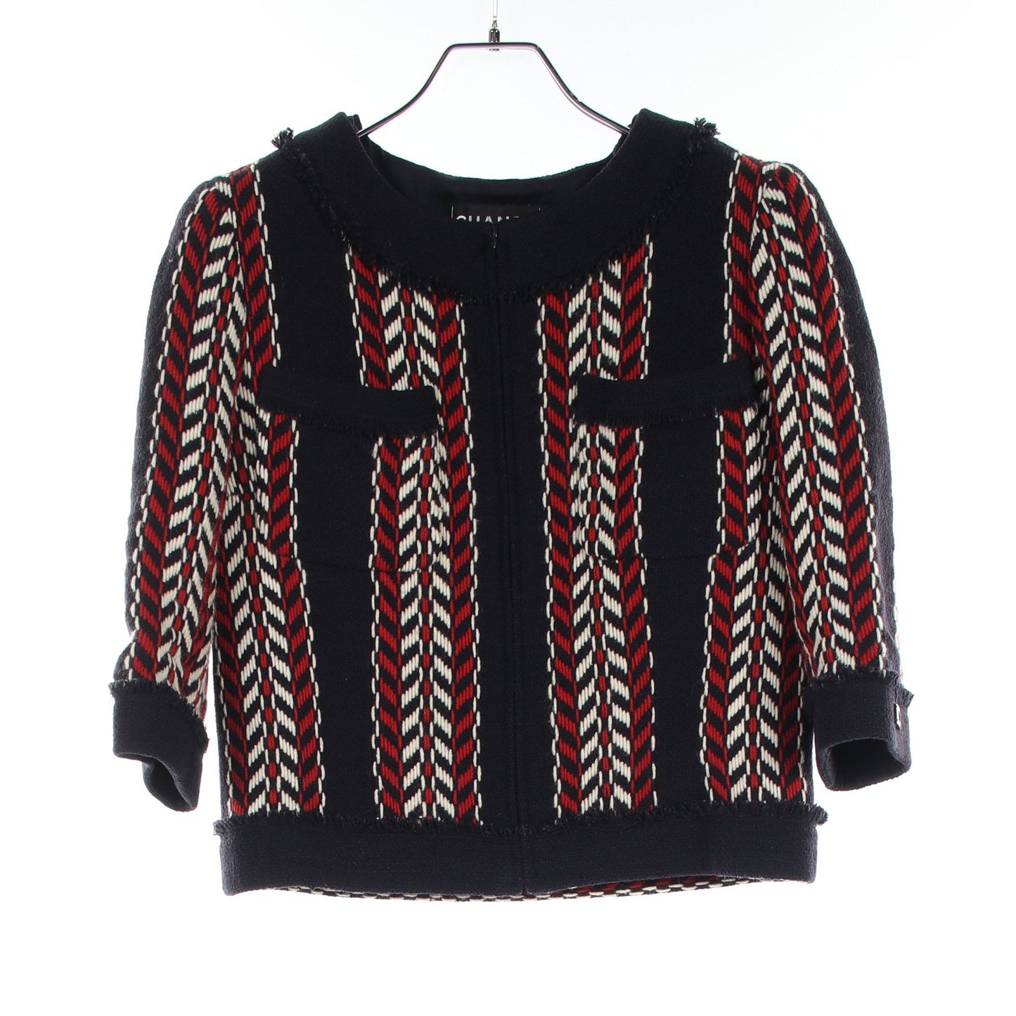 トリコロール ツイード ジップアップ ノーカラージャケット ウール ネイビー レッド アイボリー 04A シャネル アウター CHANEL