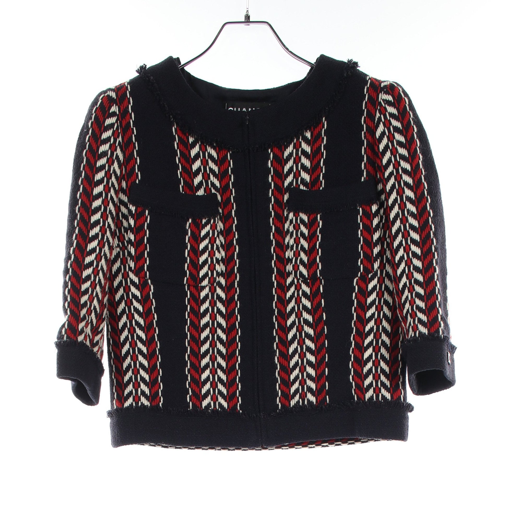 トリコロール ツイード ジップアップ ノーカラージャケット ウール ネイビー レッド アイボリー 04A シャネル アウター CHANEL
