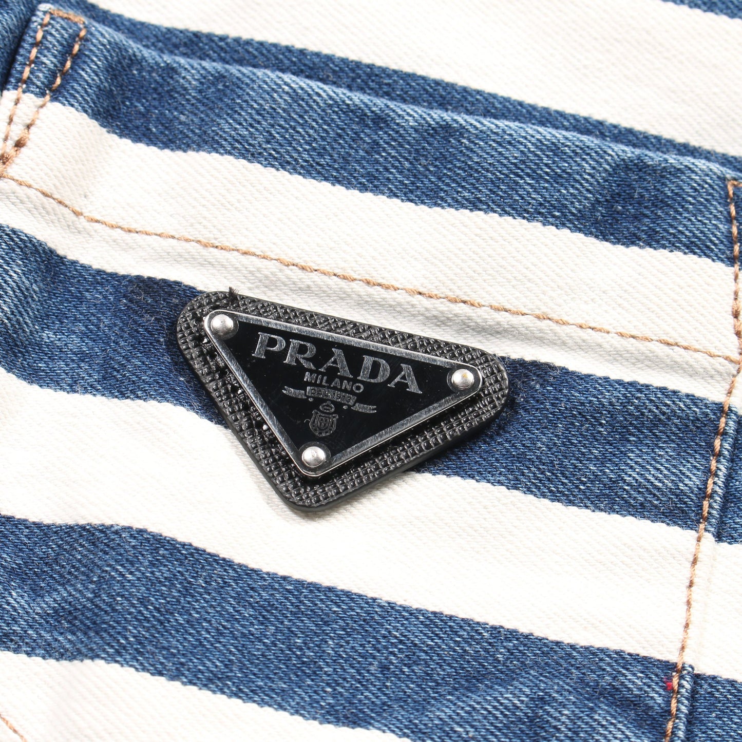 デニムジャケット ボーダー コットン インディゴブルー ホワイト ダメージ加工 プラダ アウター PRADA