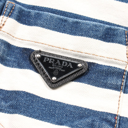 デニムジャケット ボーダー コットン インディゴブルー ホワイト ダメージ加工 プラダ アウター PRADA