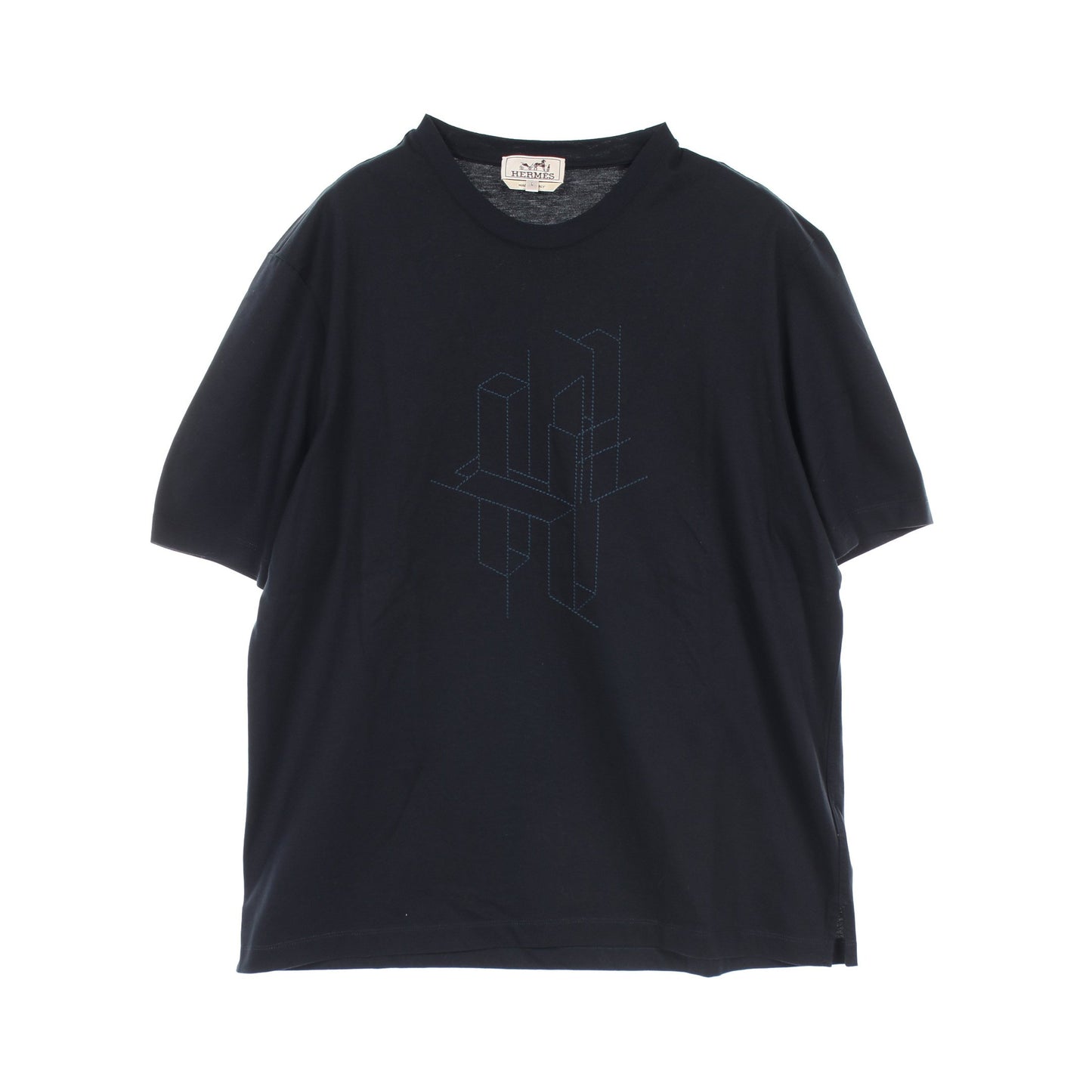 H 3D エンブロイダリー Tシャツ クルーネック コットン ネイビー エルメス トップス HERMES