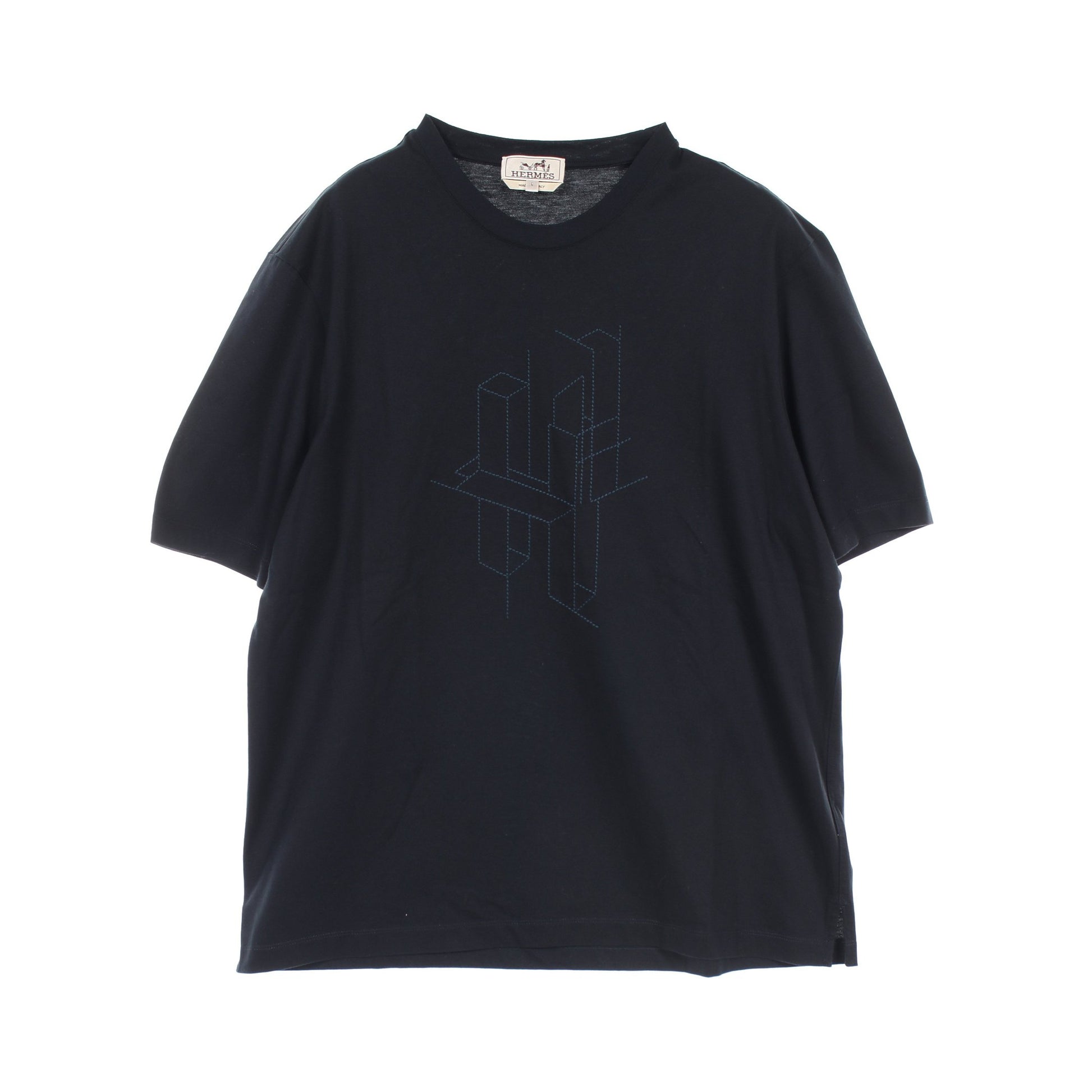 H 3D エンブロイダリー Tシャツ クルーネック コットン ネイビー エルメス トップス HERMES