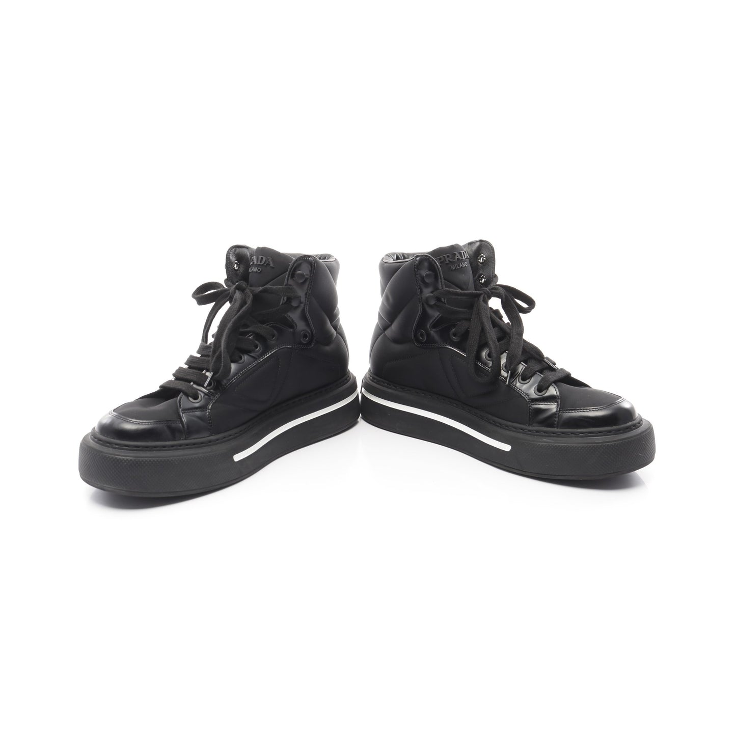 Re-Nylon マクロ ハイトップ ハイカットスニーカー ナイロン レザー ブラック プラダ シューズ PRADA