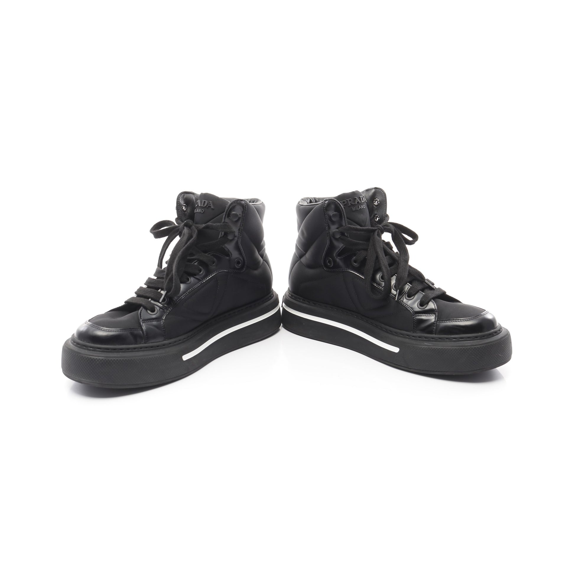 Re-Nylon マクロ ハイトップ ハイカットスニーカー ナイロン レザー ブラック プラダ シューズ PRADA