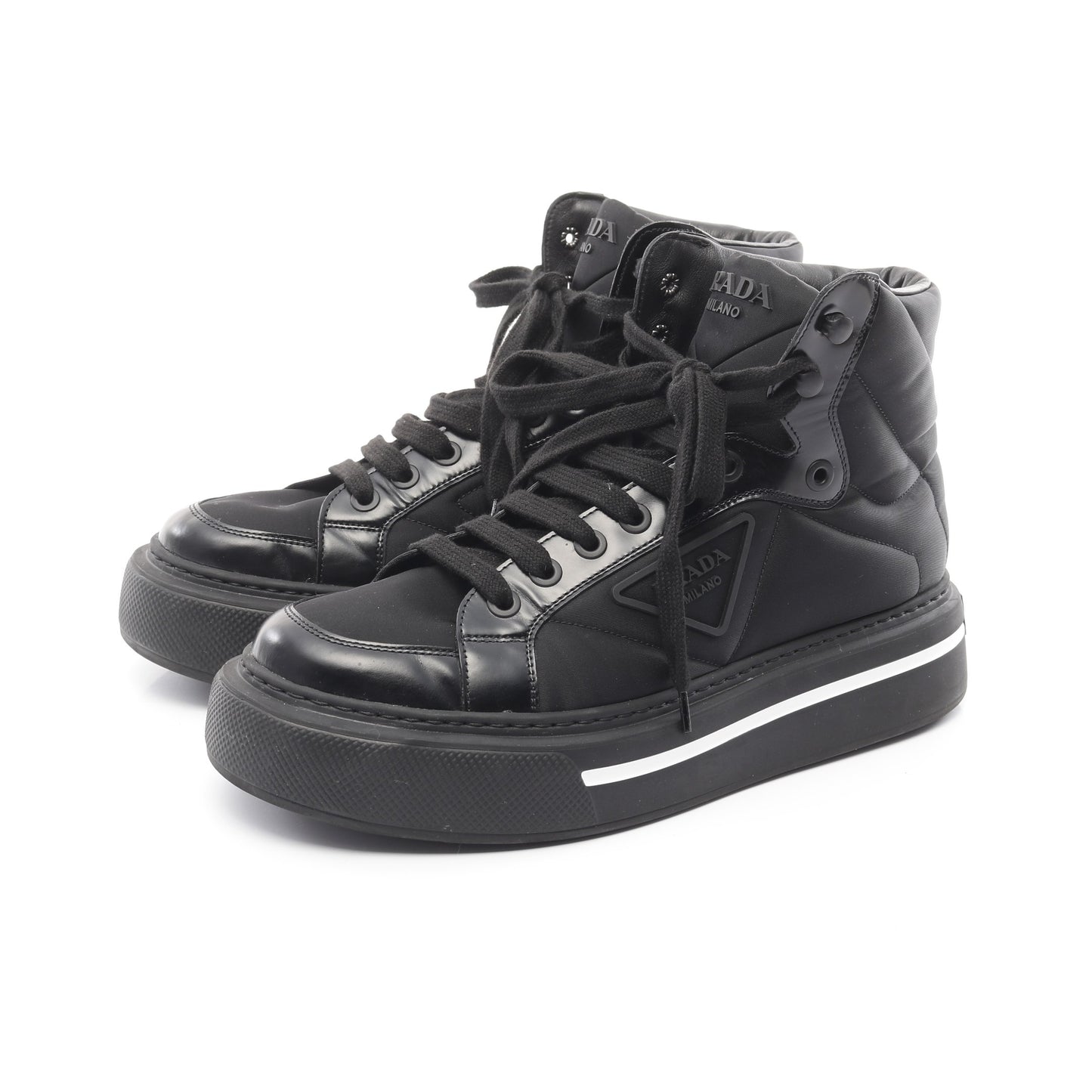 Re-Nylon マクロ ハイトップ ハイカットスニーカー ナイロン レザー ブラック プラダ シューズ PRADA