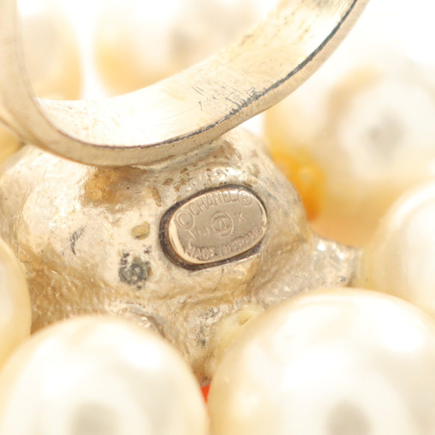 ココマーク リング 指輪 GP フェイクパール ラインストーン ゴールド オフホワイト オレンジ A14K シャネル アクセサリー CHANEL