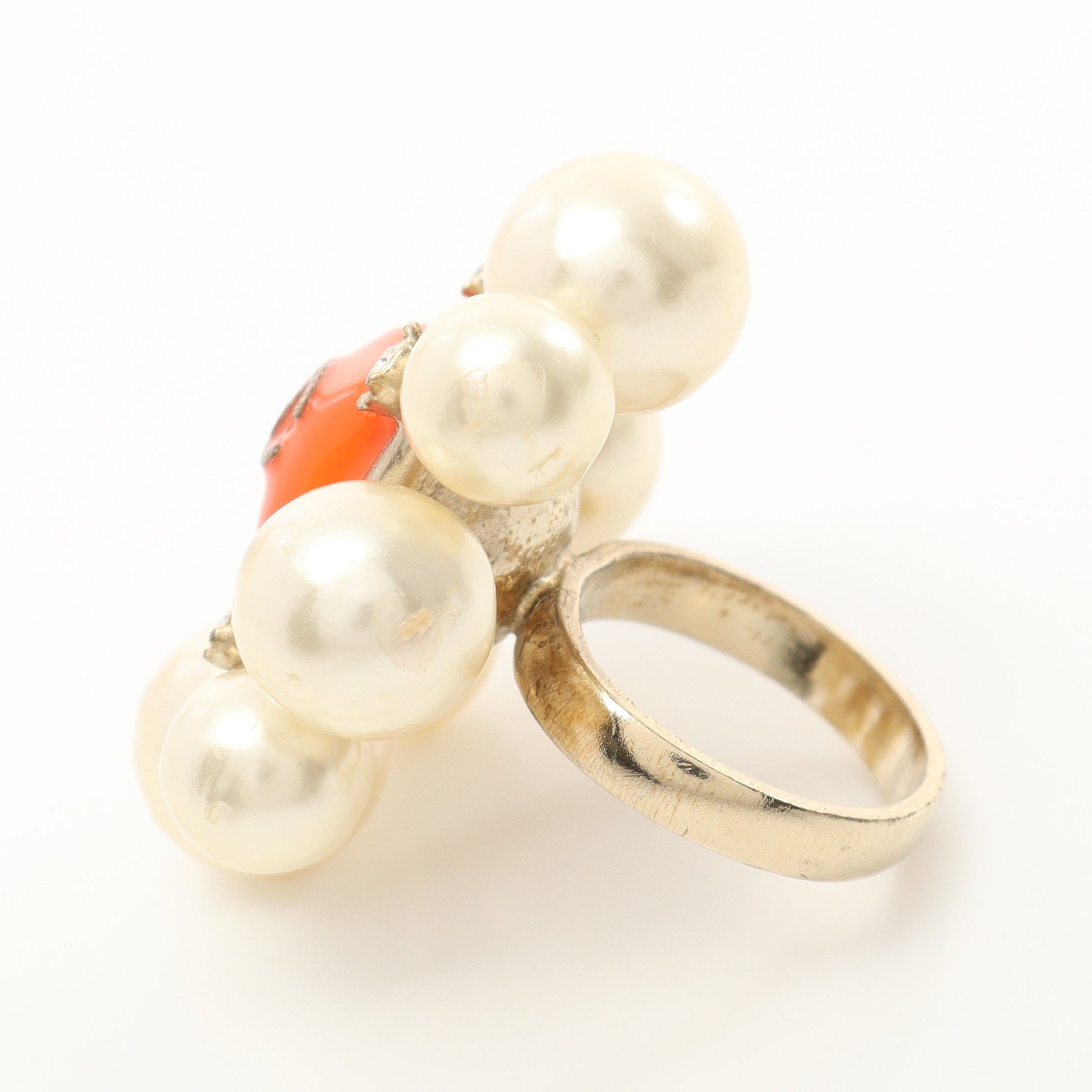 ココマーク リング 指輪 GP フェイクパール ラインストーン ゴールド オフホワイト オレンジ A14K シャネル アクセサリー CHANEL