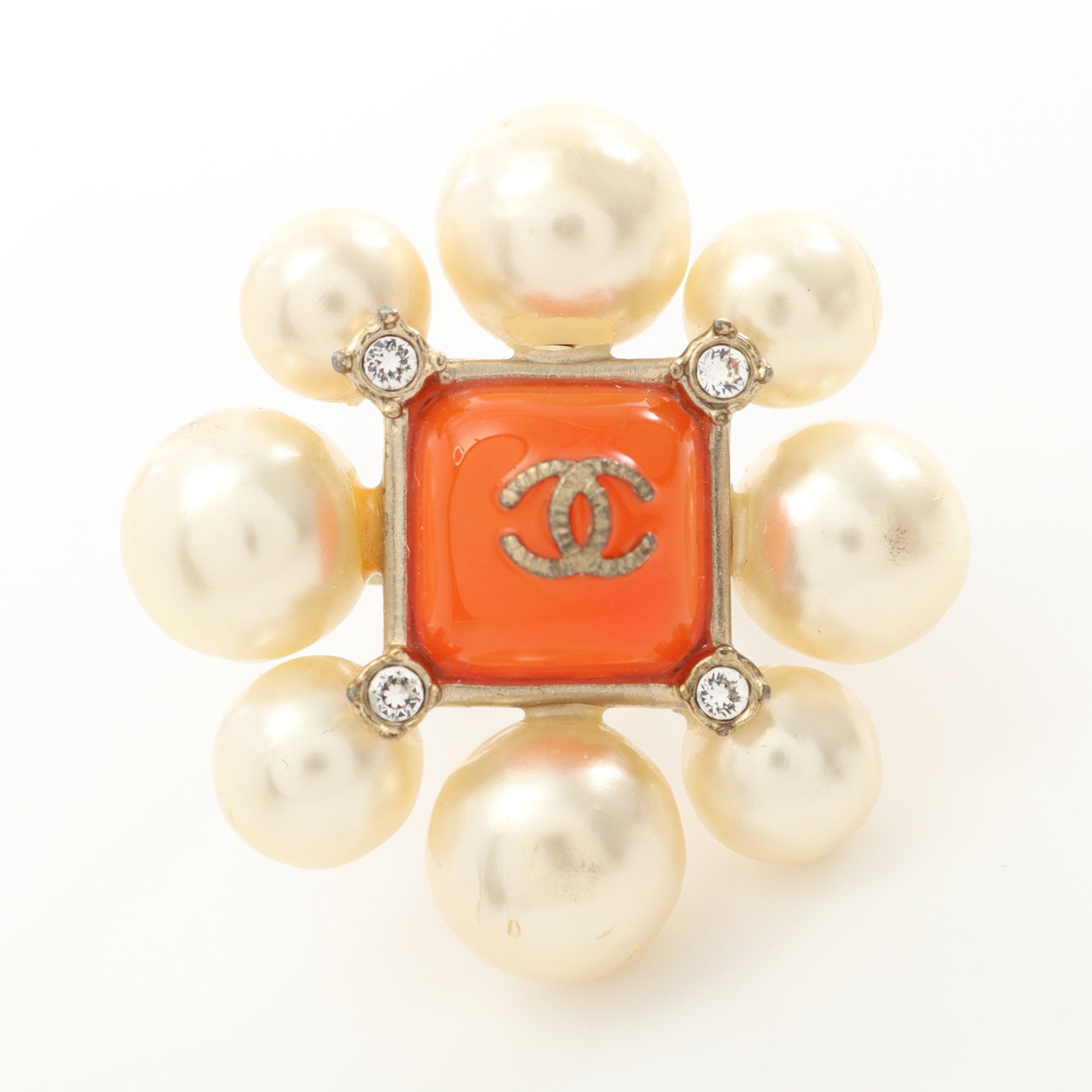 ココマーク リング 指輪 GP フェイクパール ラインストーン ゴールド オフホワイト オレンジ A14K シャネル アクセサリー CHANEL